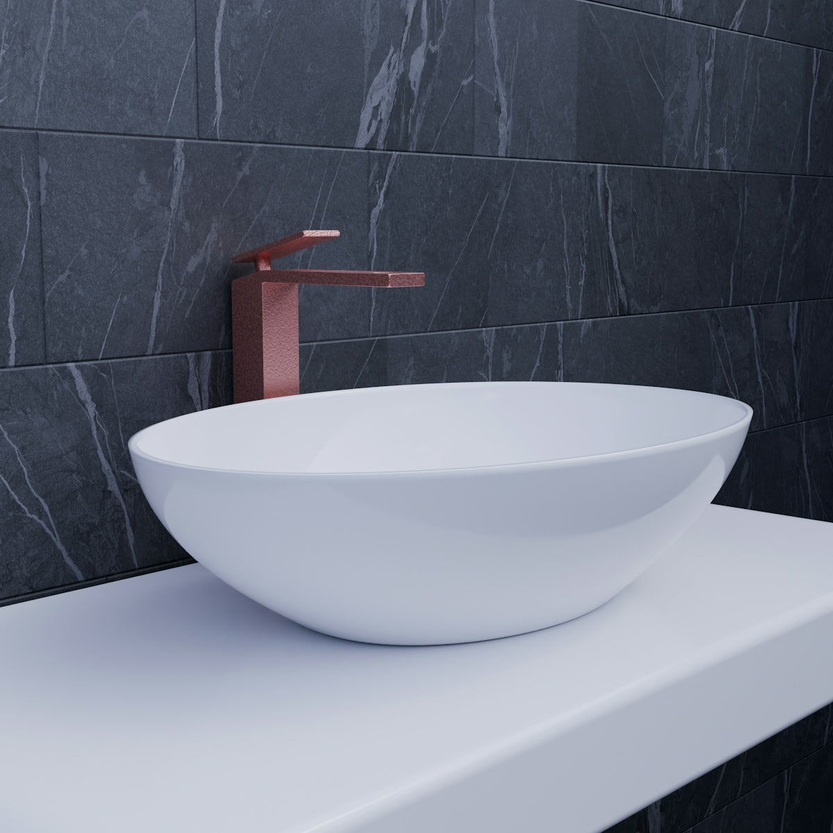 A white bowl sink sitting on top of a counter