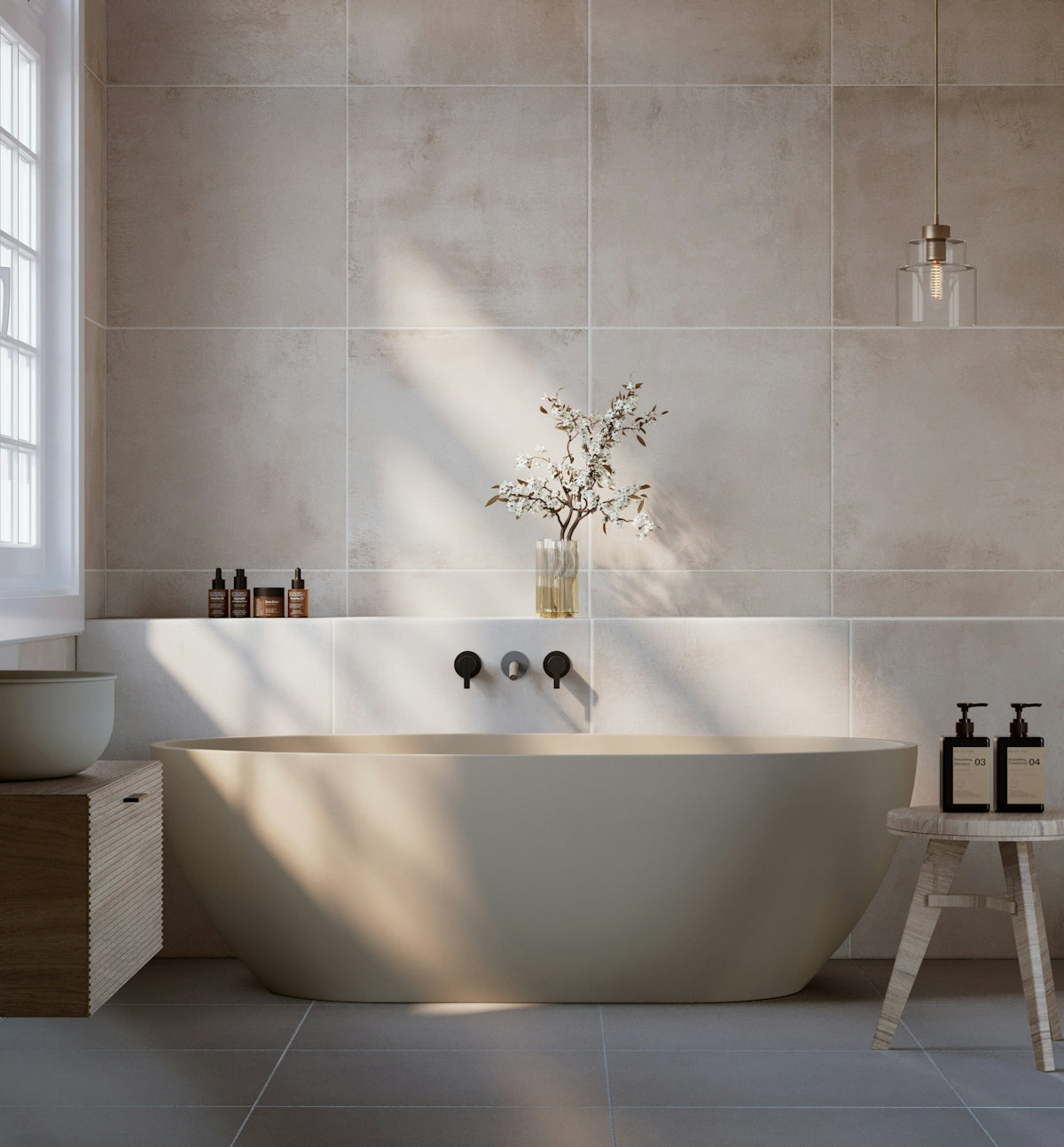 A luxurious bathroom with a freestanding bathtub.
