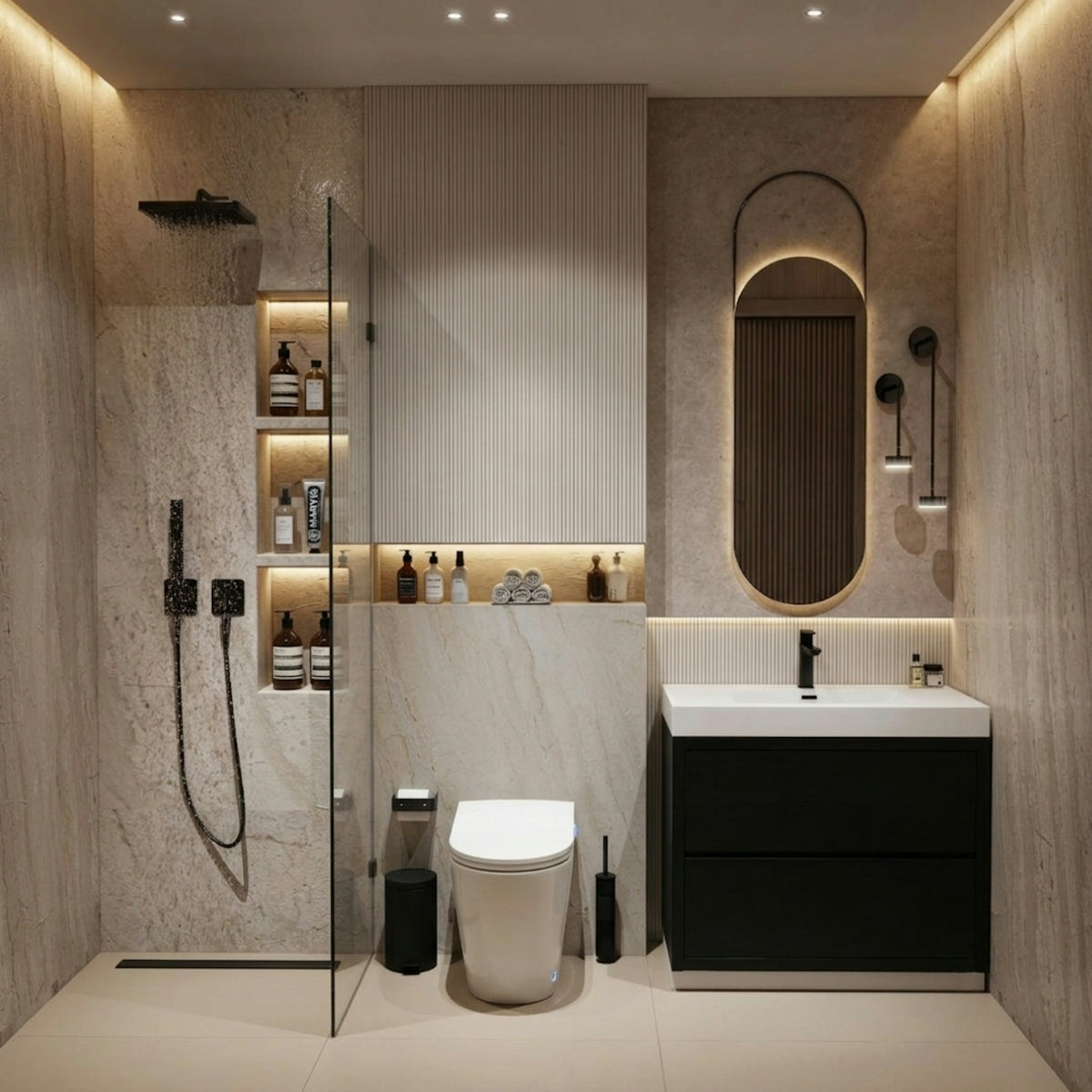 Elegant modern bathroom with shower, toilet, and vanity.
