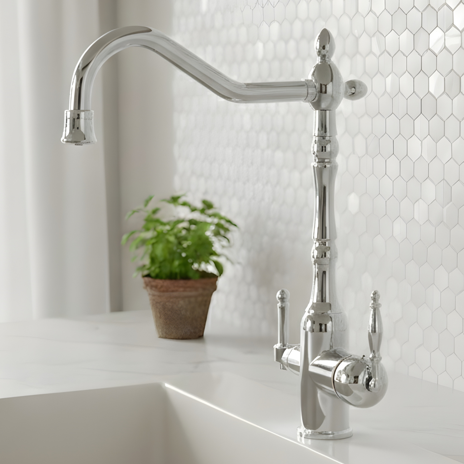 Chrome kitchen faucet with a white sink and hexagonal tile backsplash.
