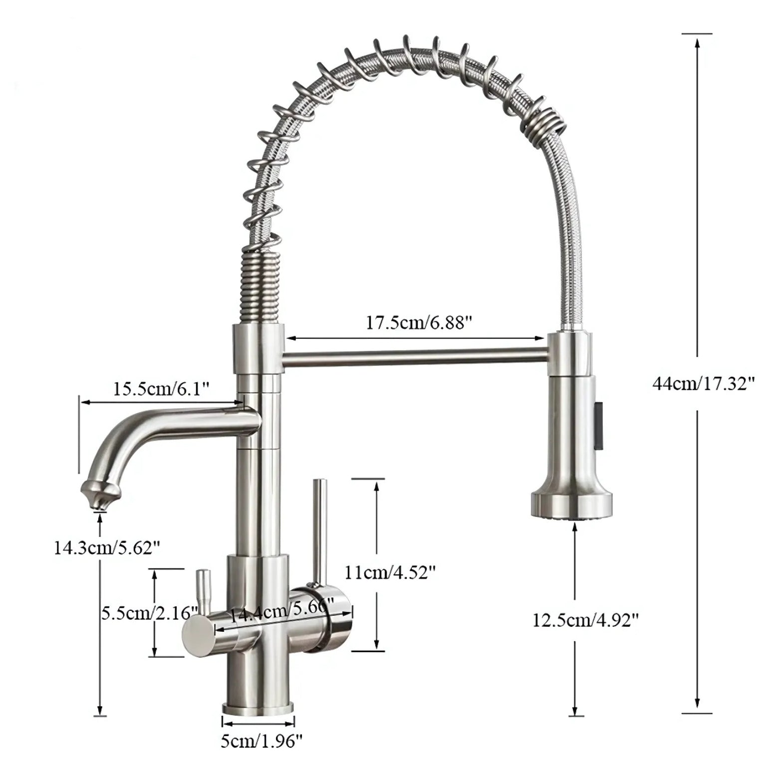 Stainless steel kitchen faucet with measurements on a white background