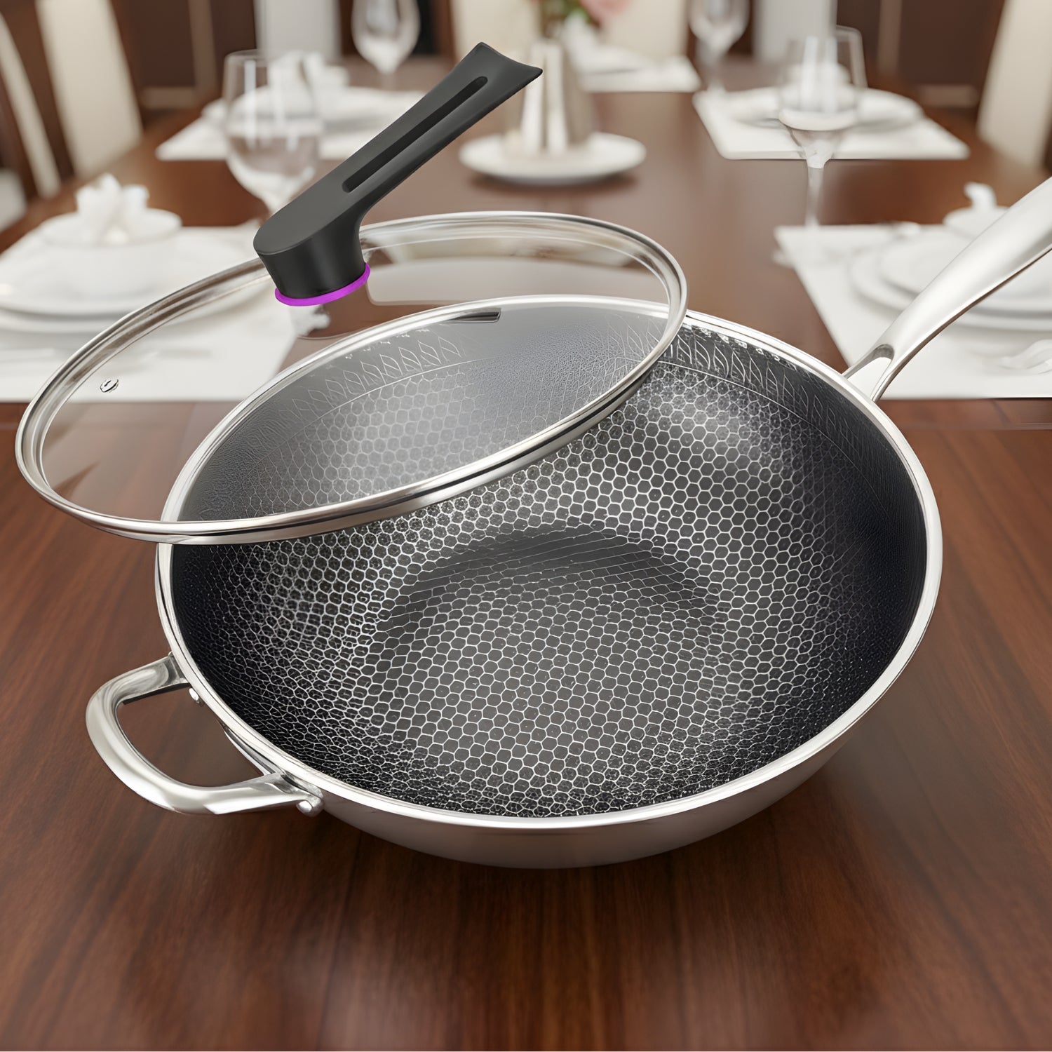 Panora - 13" Nonstick PFOA-Free Hybrid Wok Stainless Steel Pan with Lid