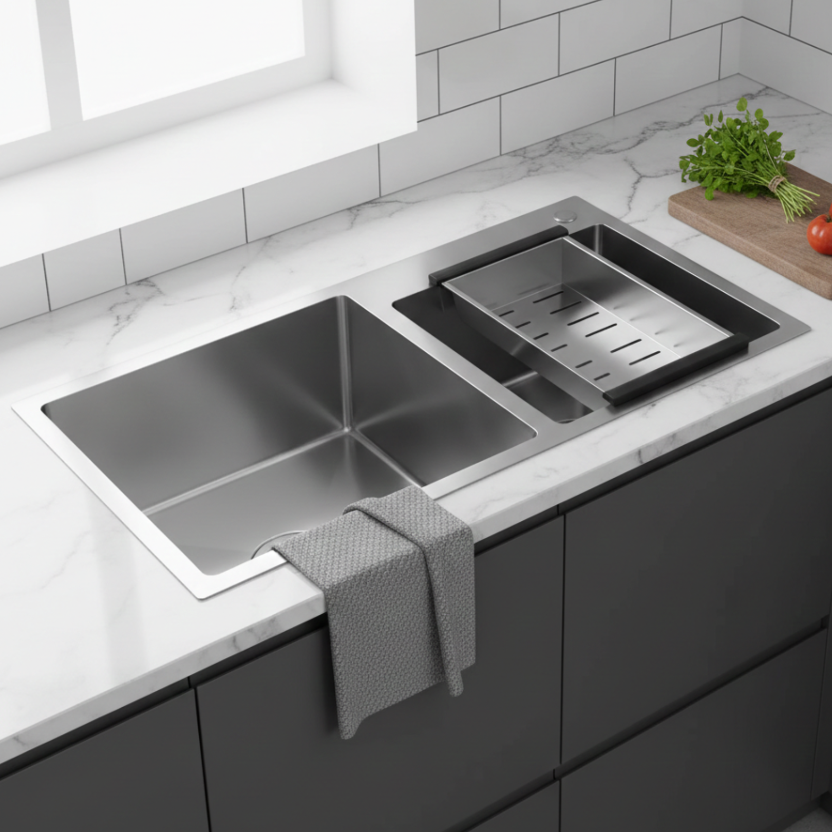 Strolberg - Drop-in Workstation Sink - Stainless Steel Double Bowl Kitchen Sink with Noise Reduction - Silver