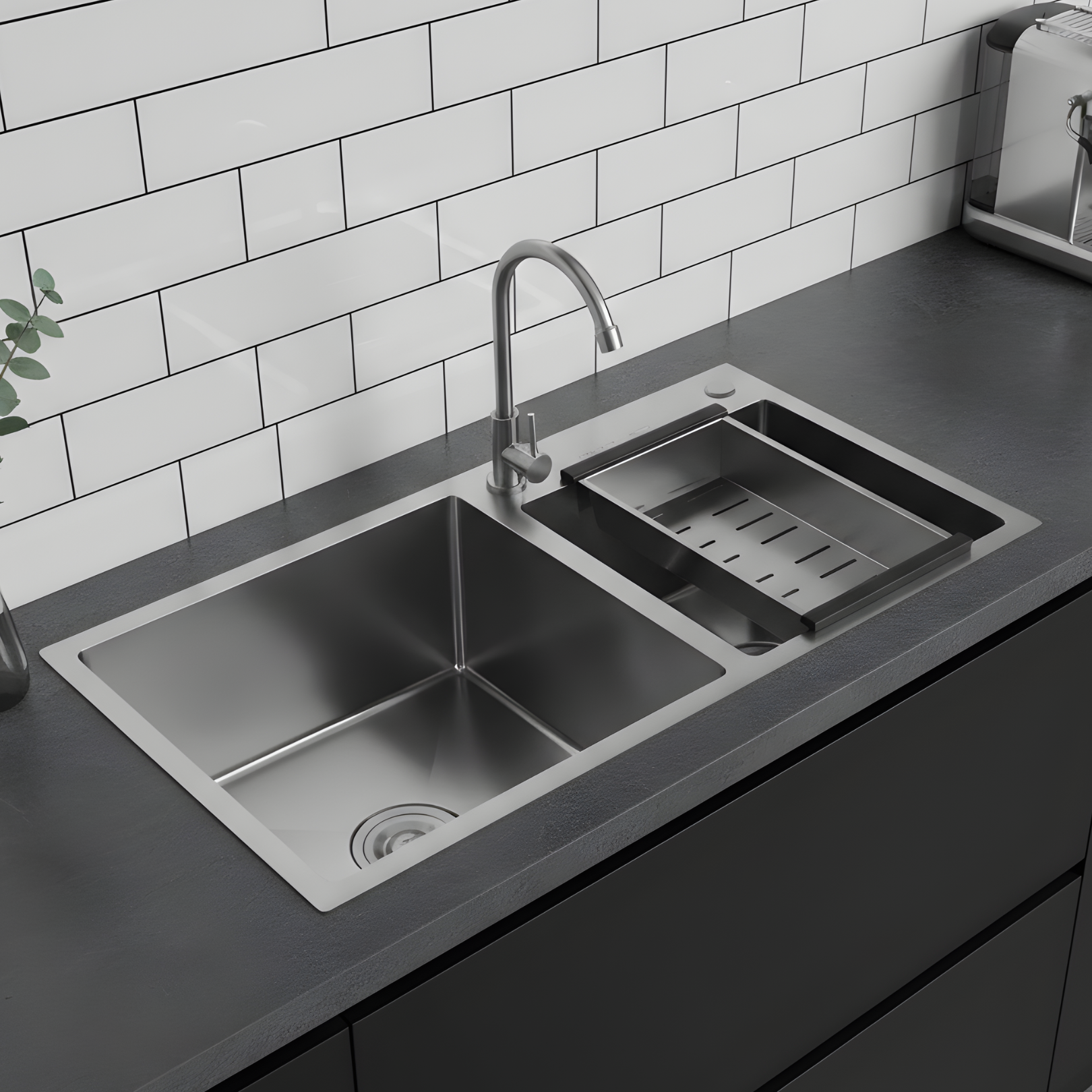 Strolberg - Drop-in Workstation Sink - Stainless Steel Double Bowl Kitchen Sink with Noise Reduction - Silver