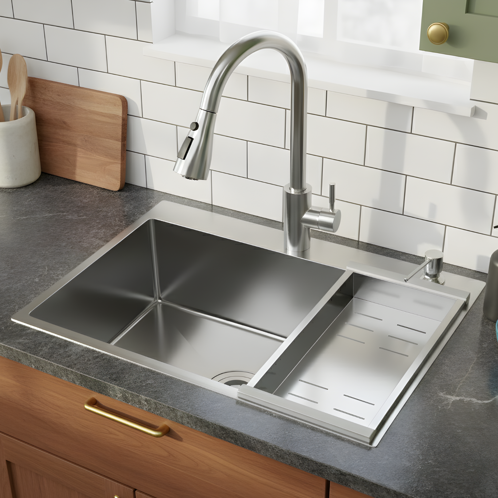 Klopeiner - 23.62" Stainless Steel Undermount Kitchen Sink with Pull-Out Faucet - Single Bowl Workstation Sink for Kitchen, Laundry & Bathroom