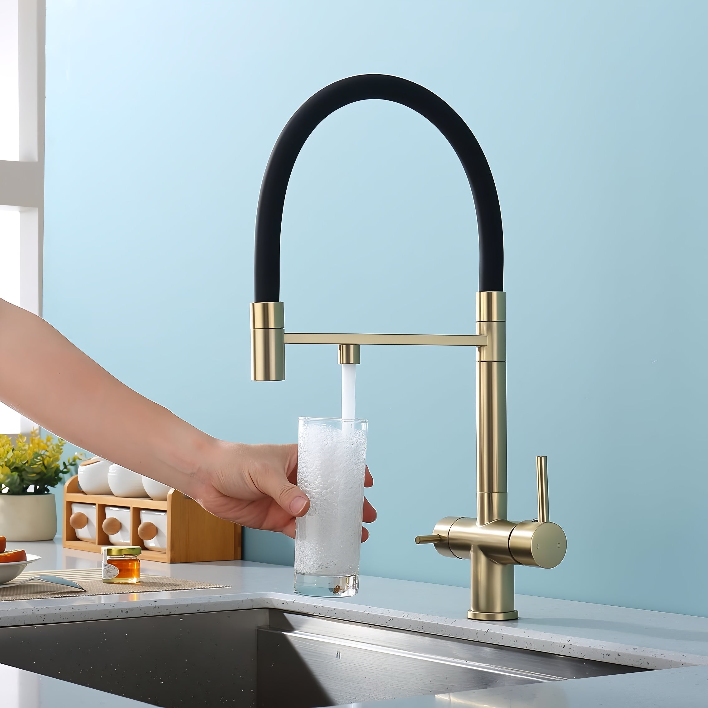 Trier - Three-Way Kitchen Faucet with Filter Tap Reverse Osmosis Compatible and Pull-Down Spout