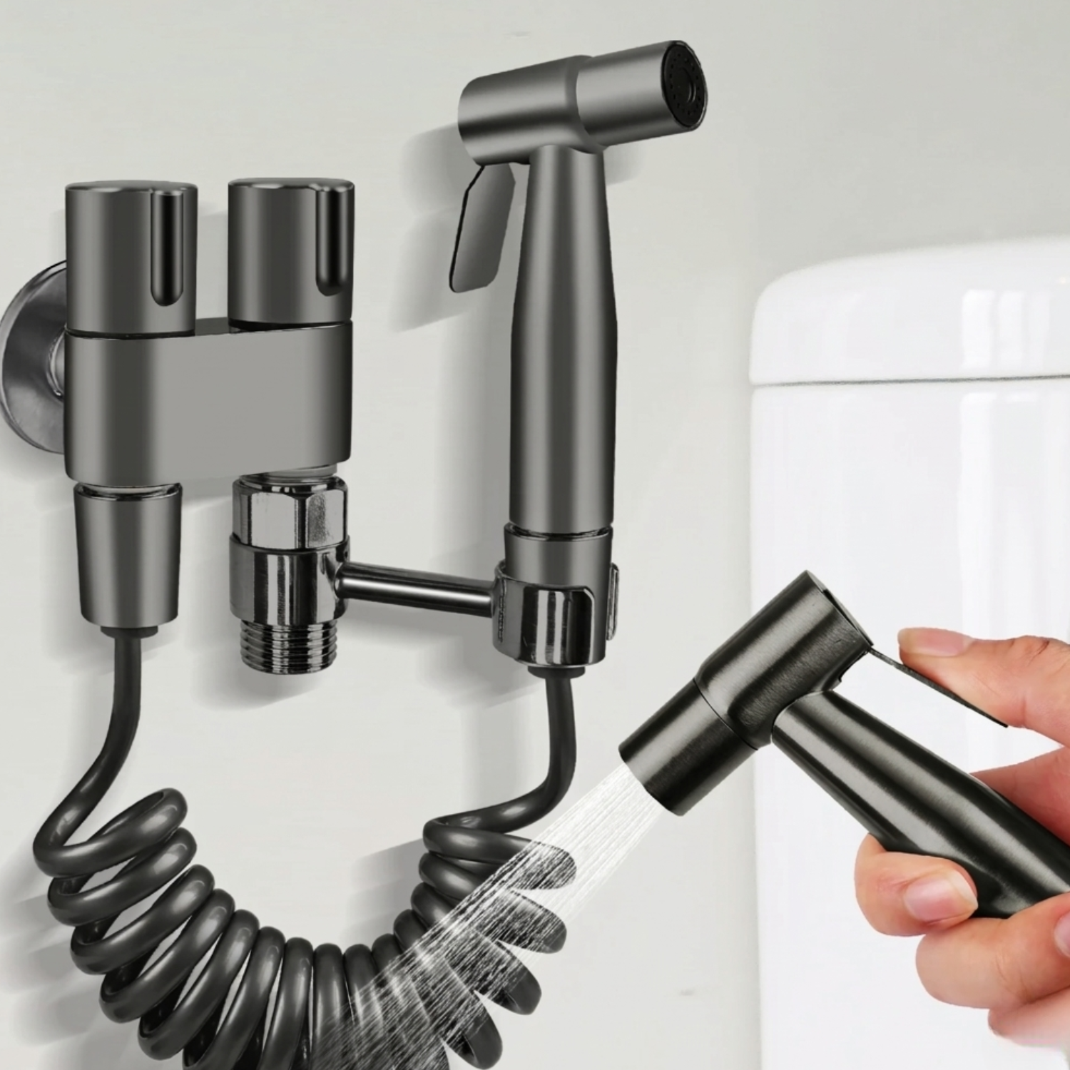 Glomma - Stainless Steel Bidet Spray Gun Set – Handheld Toilet Hygienic Shower with Double Outlet Angle Valve