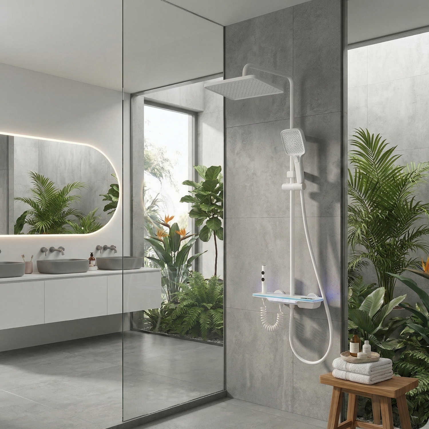Dalarna - Smart Shower System with Lights, Tempered Glass Piano Key Controls, Digital Temperature Display (°C) Thermostatic Mixer Full Set