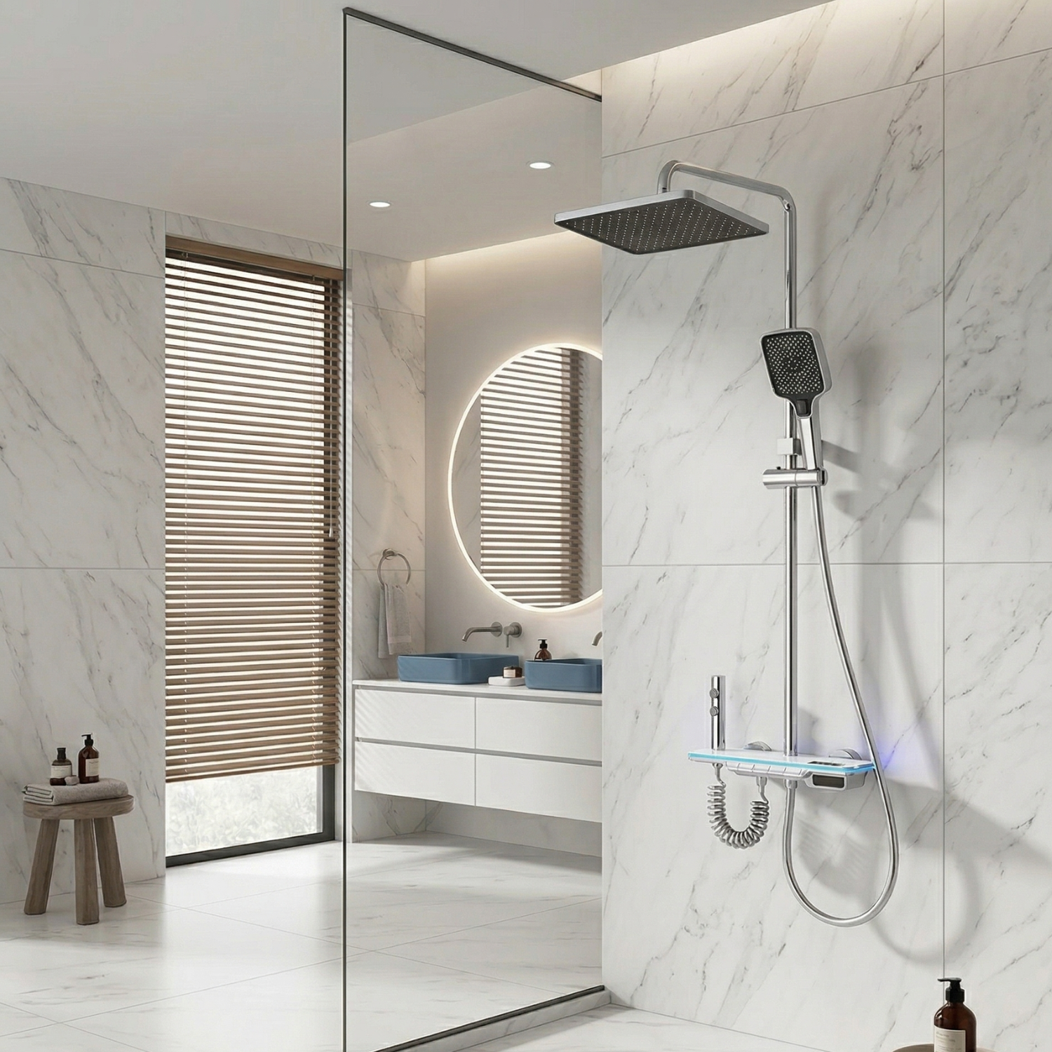 Dalarna - Smart Shower System with Lights, Tempered Glass Piano Key Controls, Digital Temperature Display (°C) Thermostatic Mixer Full Set