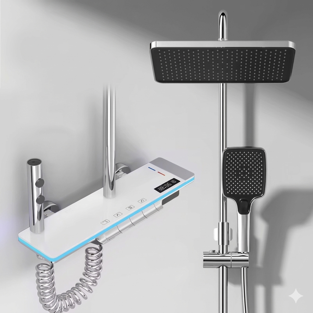 Dalarna - Smart Shower System with Lights, Tempered Glass Piano Key Controls, Digital Temperature Display (°C) Thermostatic Mixer Full Set