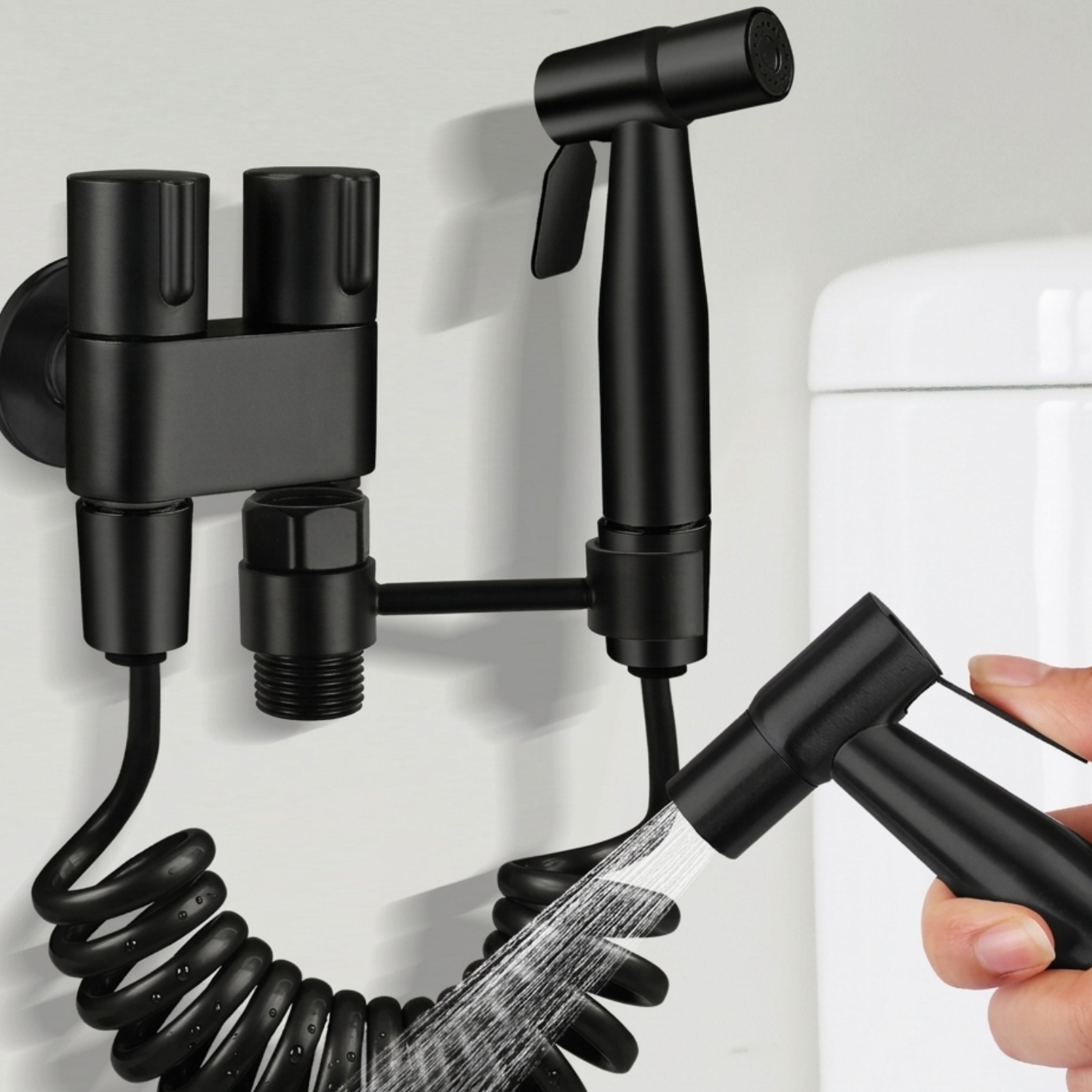 Glomma - Stainless Steel Bidet Spray Gun Set – Handheld Toilet Hygienic Shower with Double Outlet Angle Valve