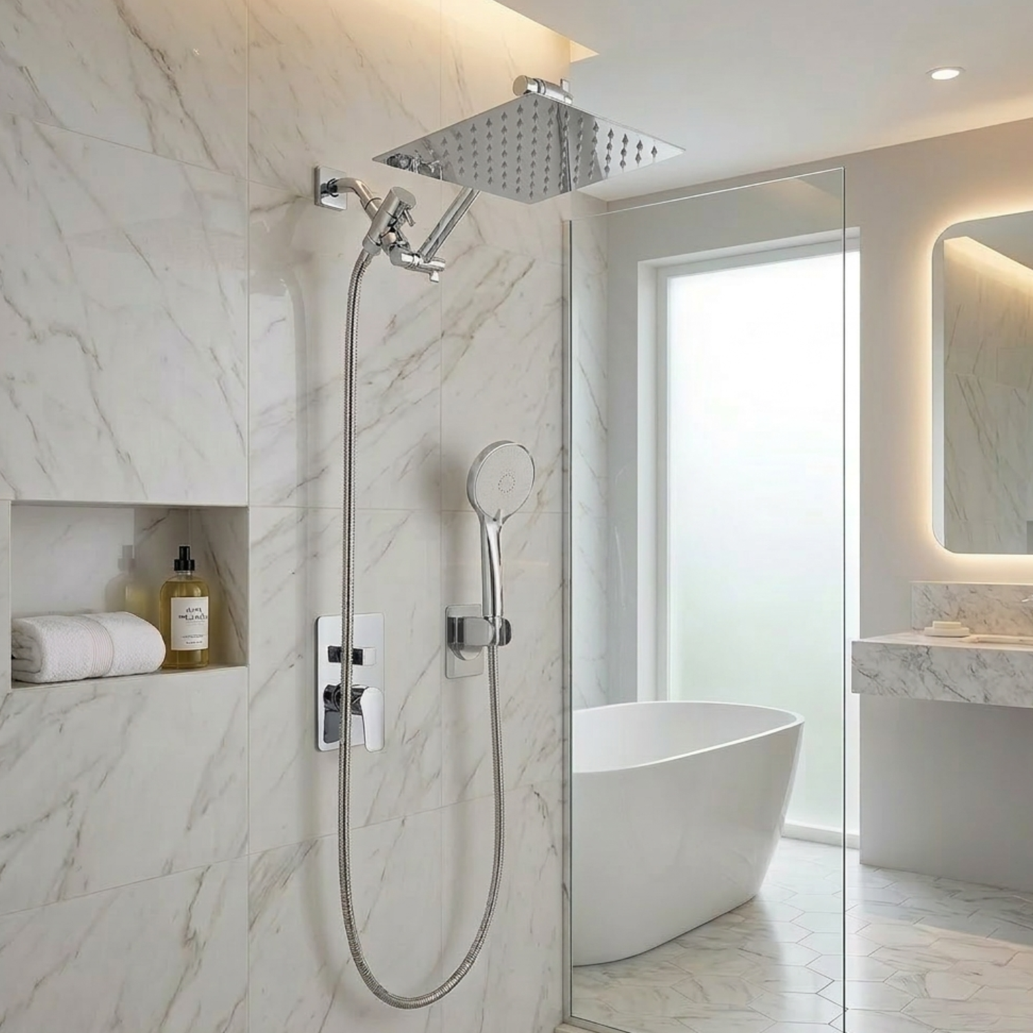 Halling - 8-12 Inch Square Rain Shower Head Combo High Pressure with Handheld Shower Spray & Extension Arm