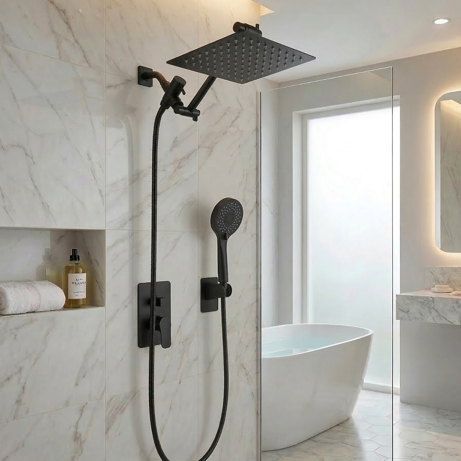 Halling - 8-12 Inch Square Rain Shower Head Combo High Pressure with Handheld Shower Spray & Extension Arm