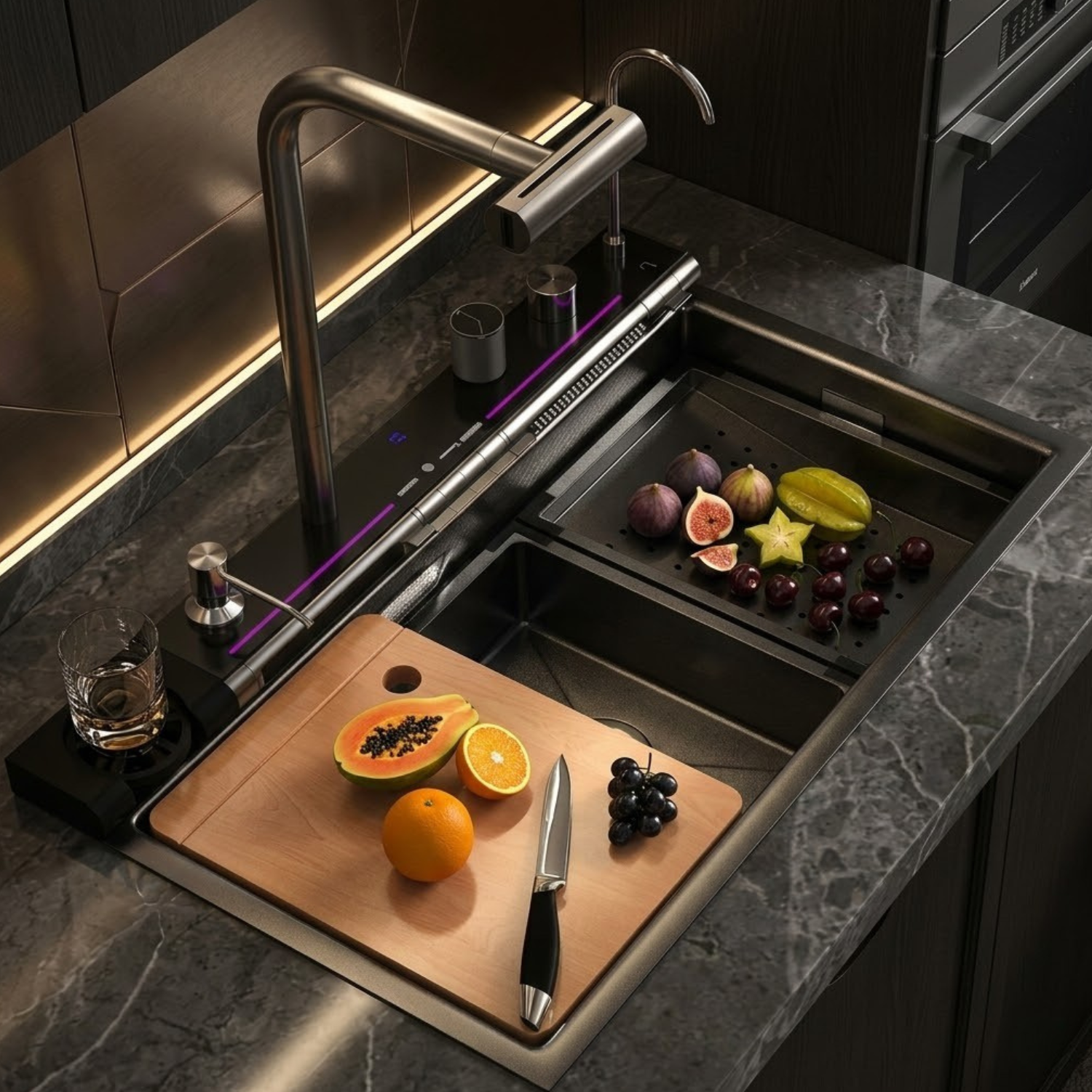 Modern kitchen sink with cutting board, fruits, and a knife on a dark countertop.