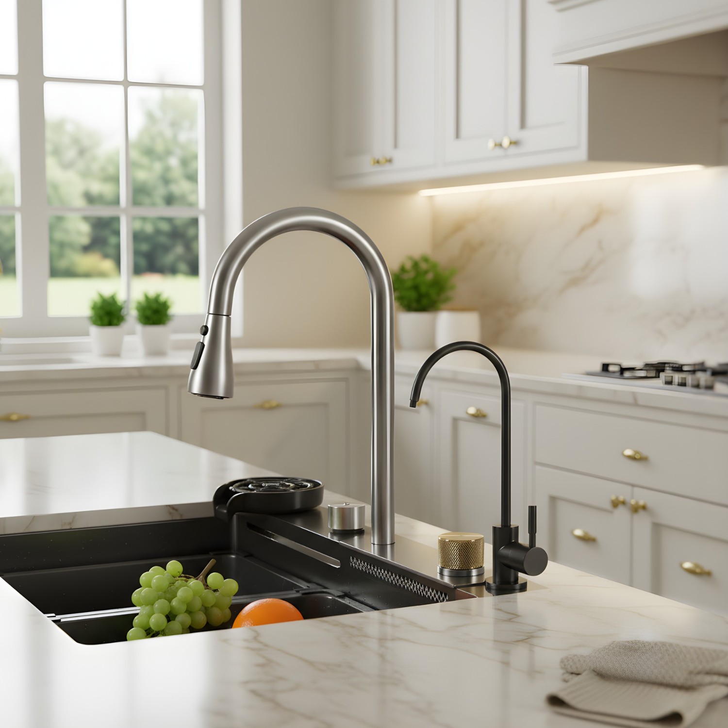 Modern kitchen sink with dual faucets in a well-lit kitchen.