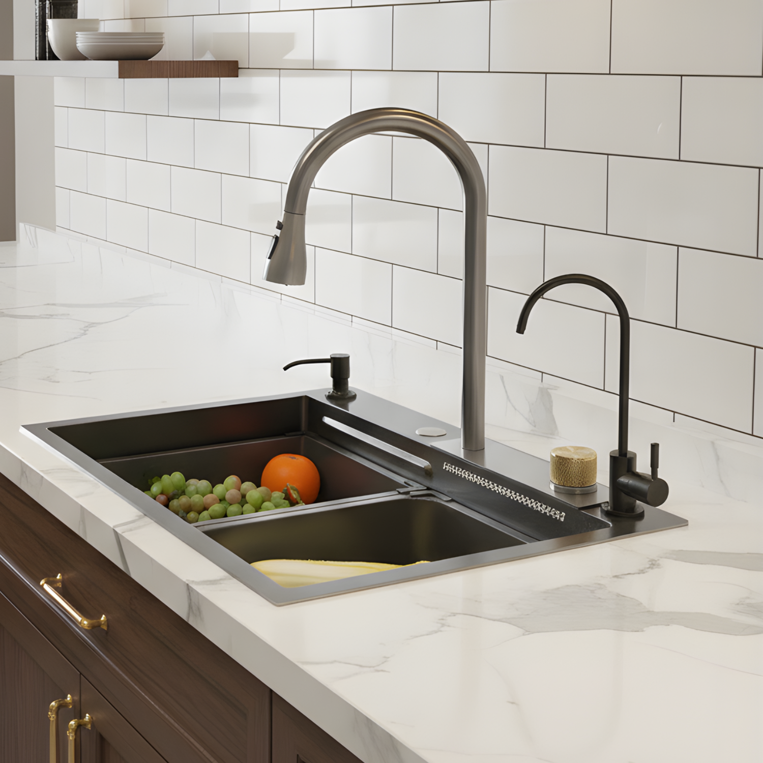 Modern kitchen sink with dual faucets and marble countertop