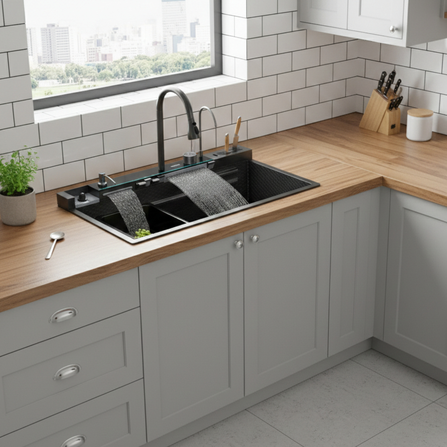 Modern kitchen sink with dual faucets in a well-lit kitchen.