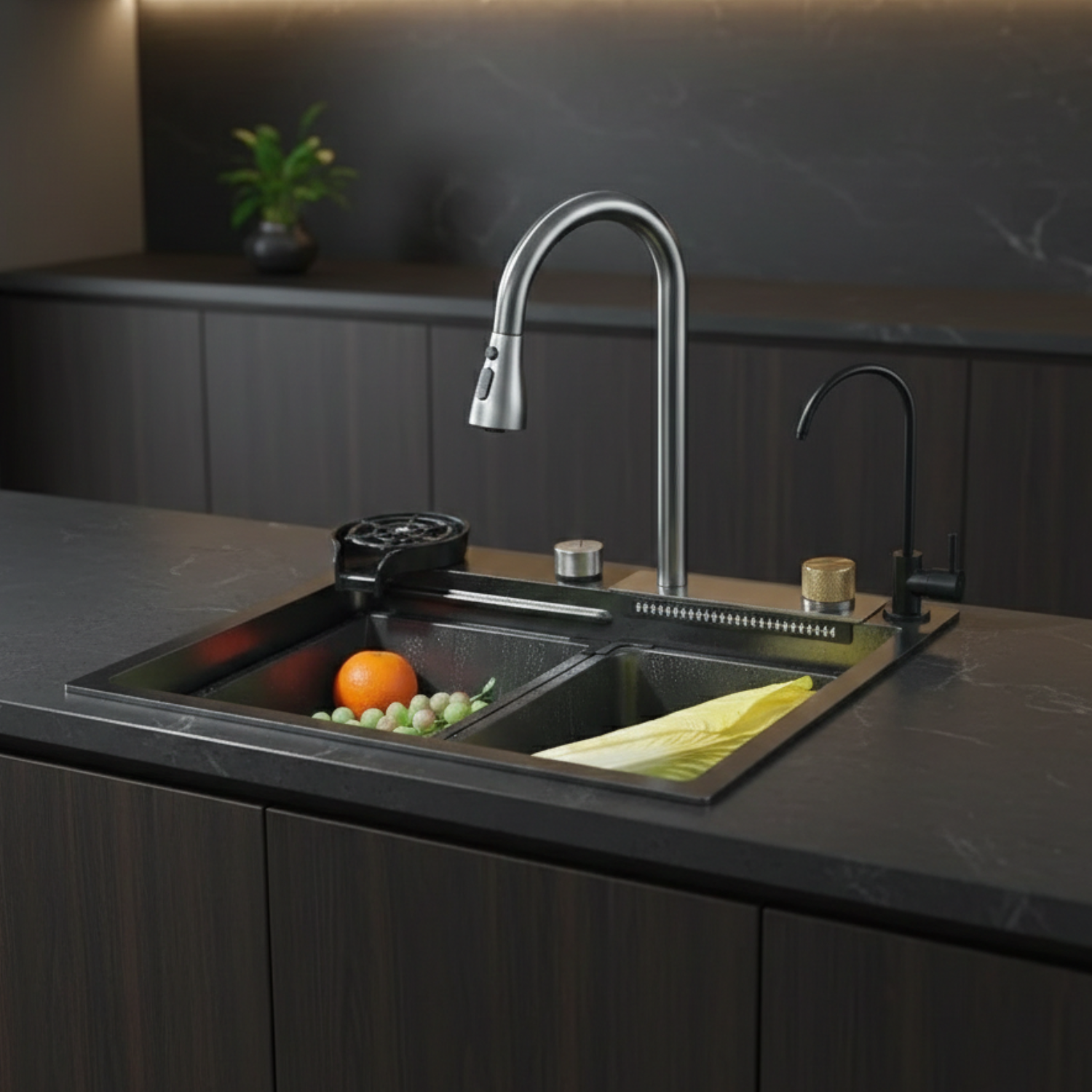 Modern kitchen sink with faucet and fruits on a dark countertop