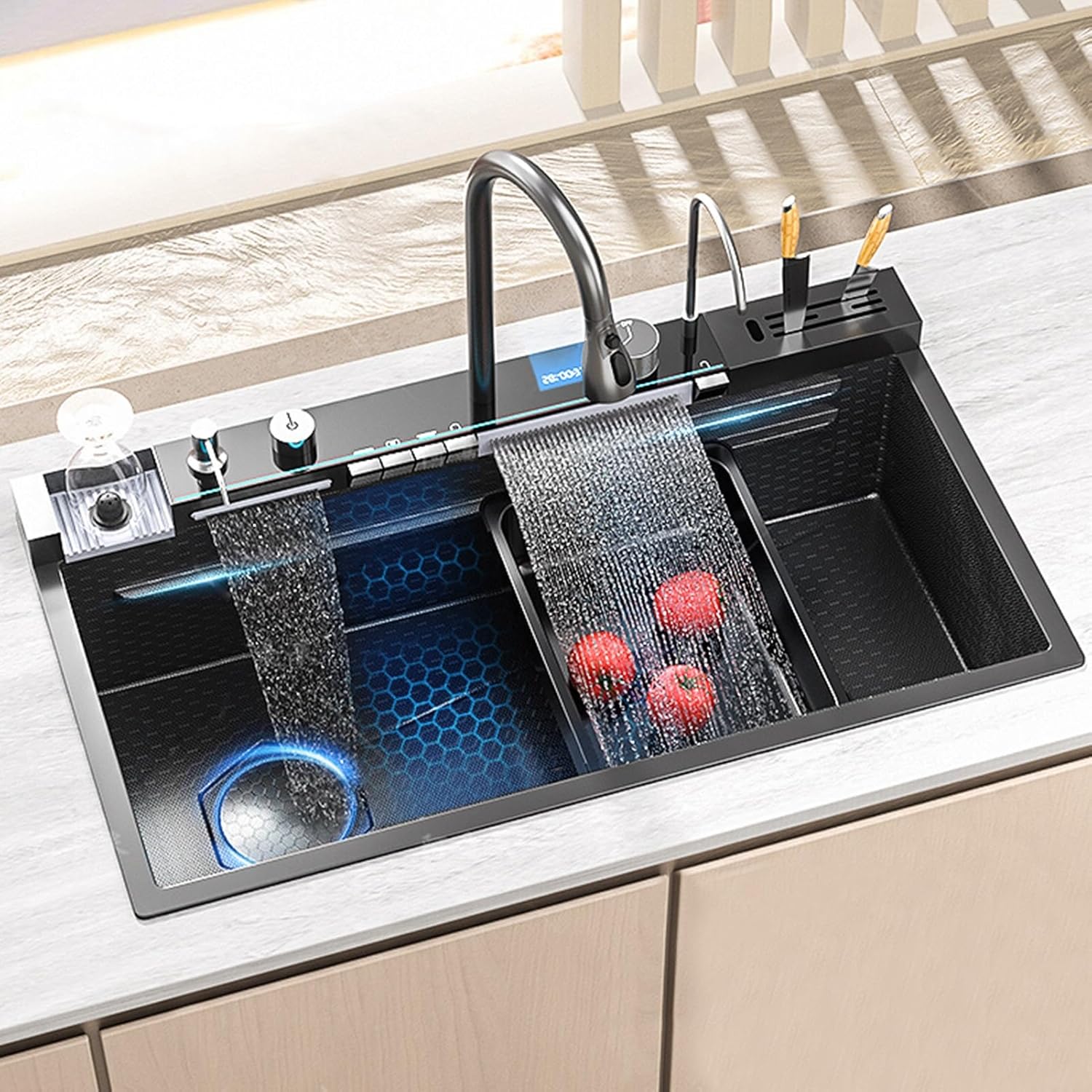 Modern kitchen sink with running water and dishes inside, on a light-colored countertop.