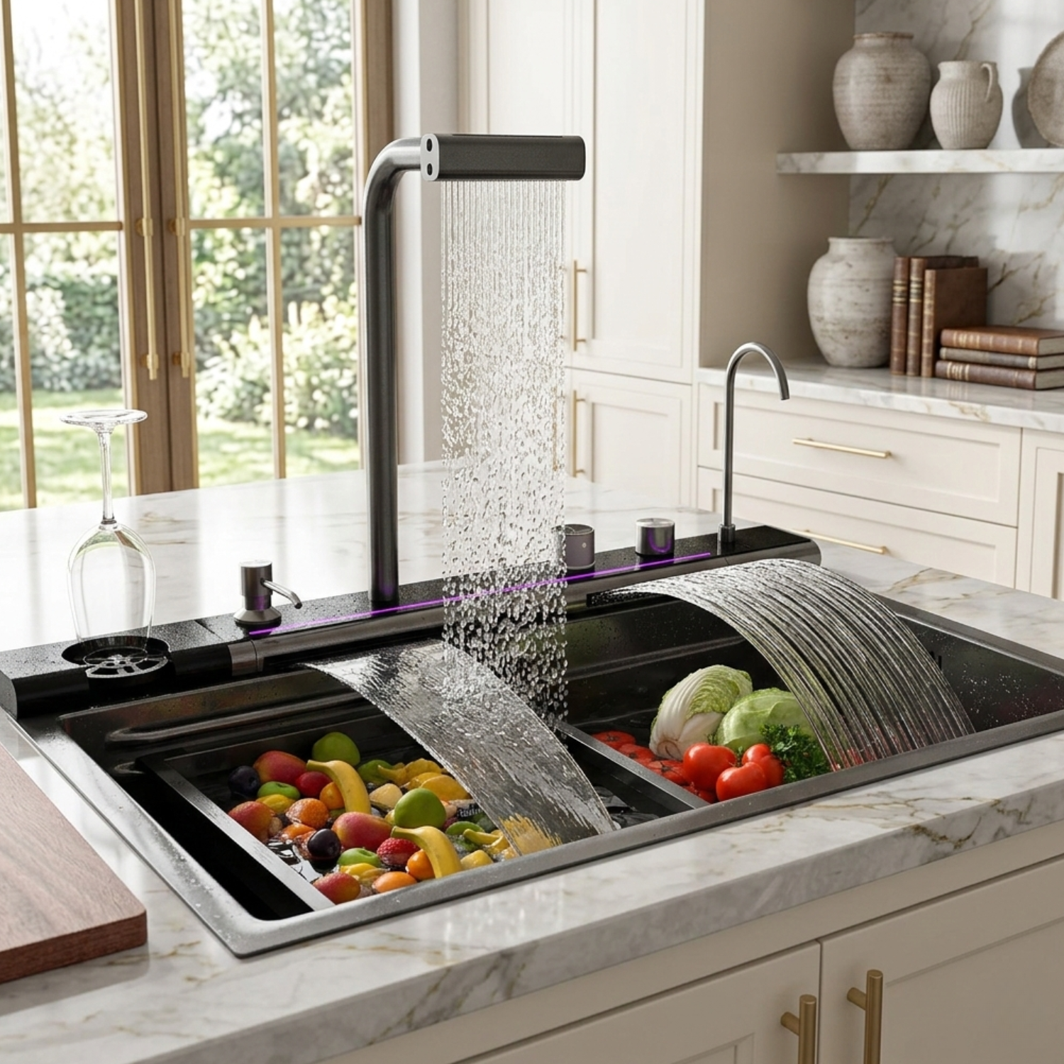 Modern kitchen sink with running water and vegetables on a marble countertop.