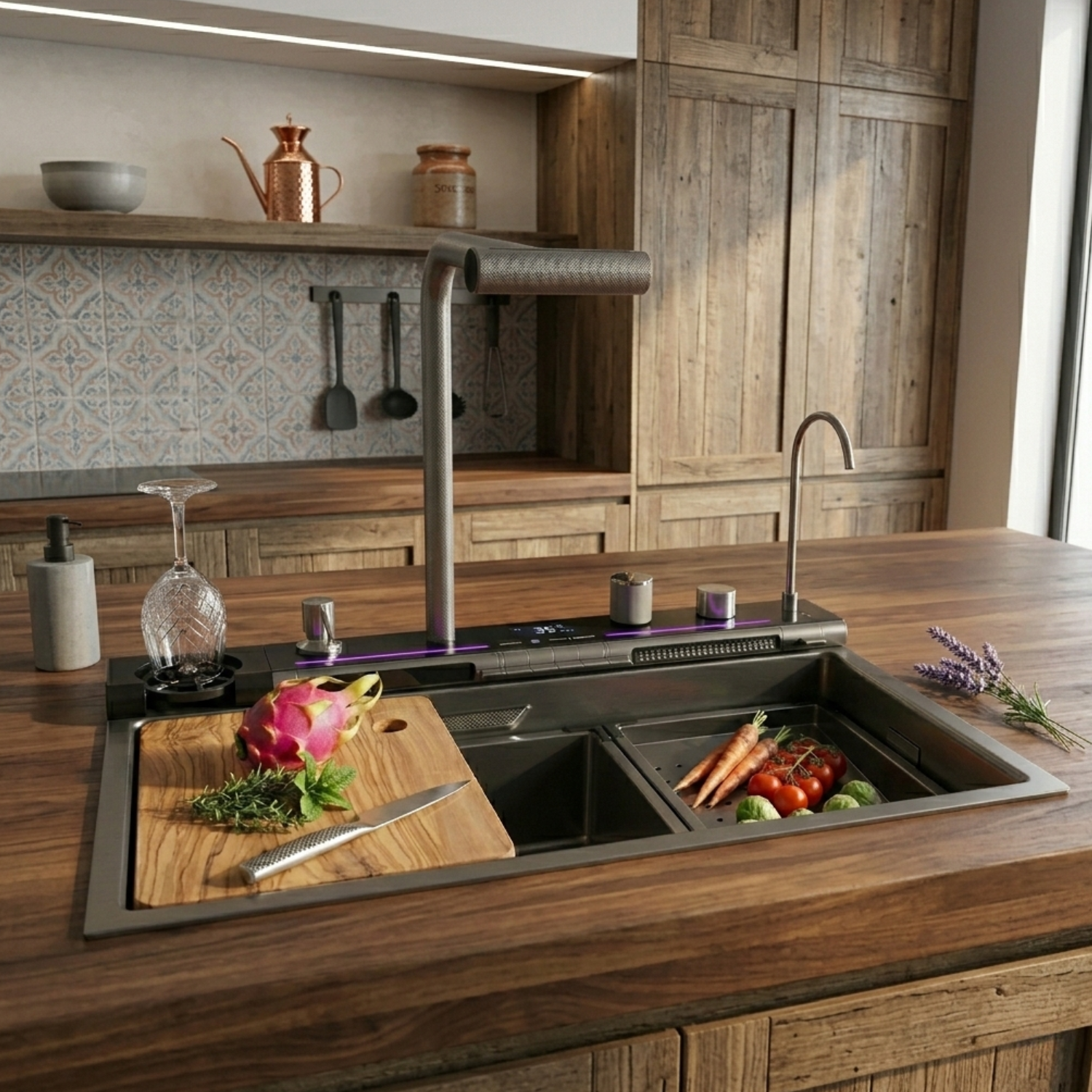 Modern kitchen with a double sink, wooden countertop, and various kitchen items.