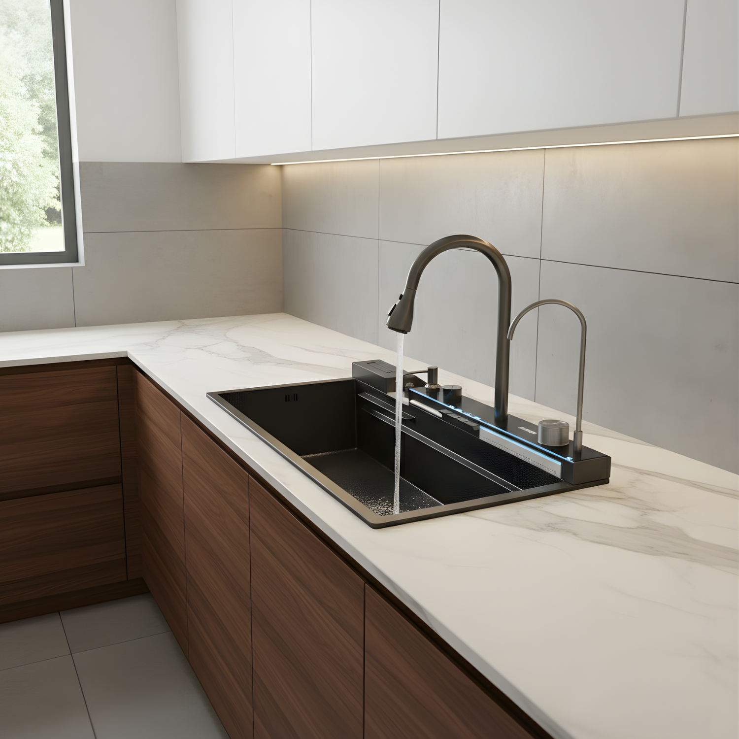 Modern kitchen with a sink and faucet in a well-lit room.