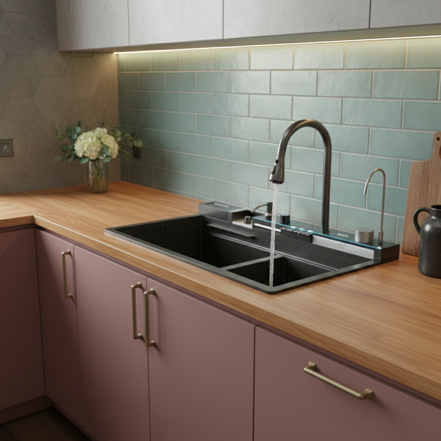 Modern kitchen with a sink, faucet, and wooden countertop.