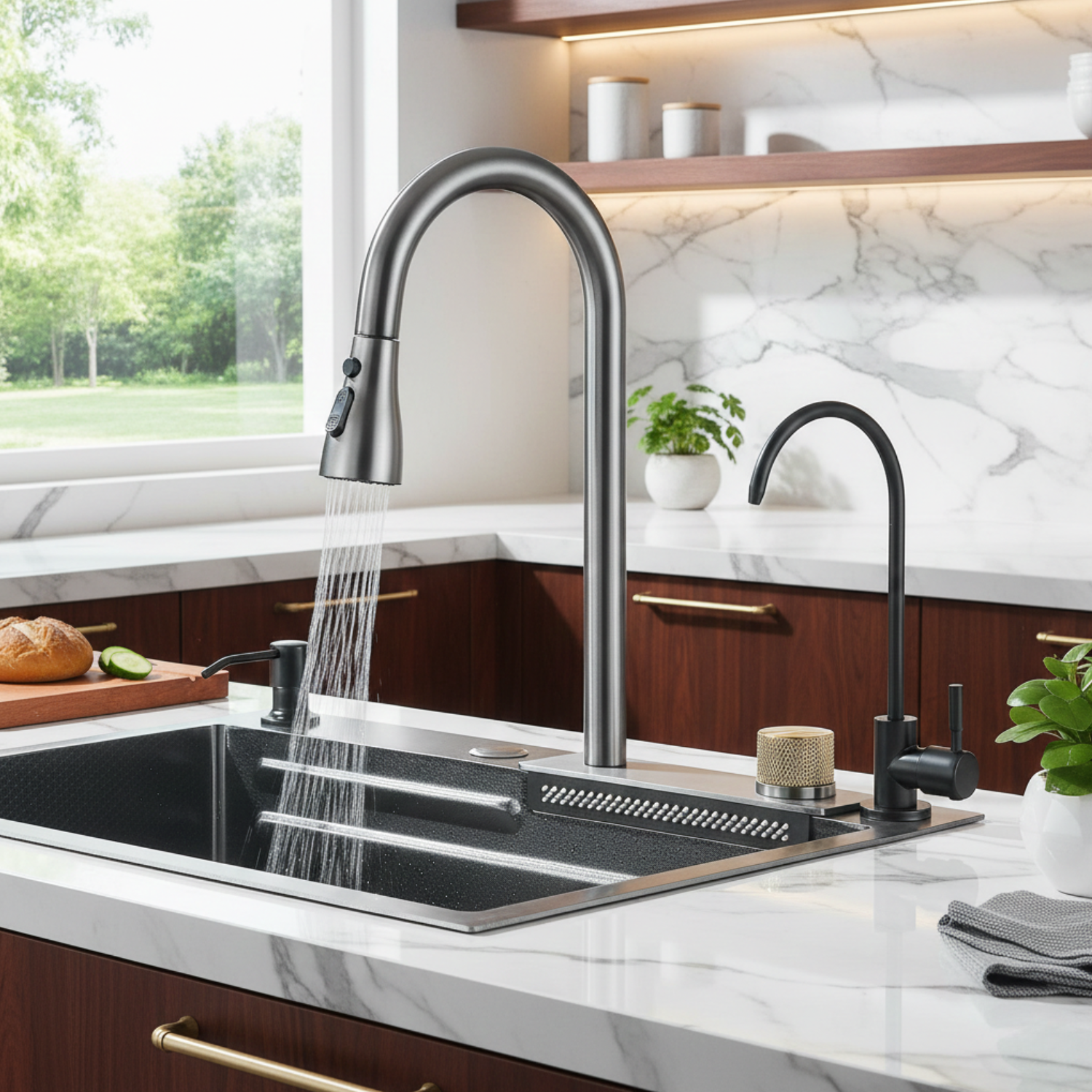 Modern kitchen with a stainless steel faucet and black sink.