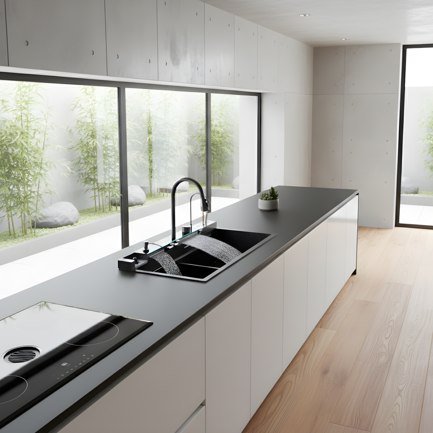 Modern kitchen with black countertop, sink, and white cabinets.