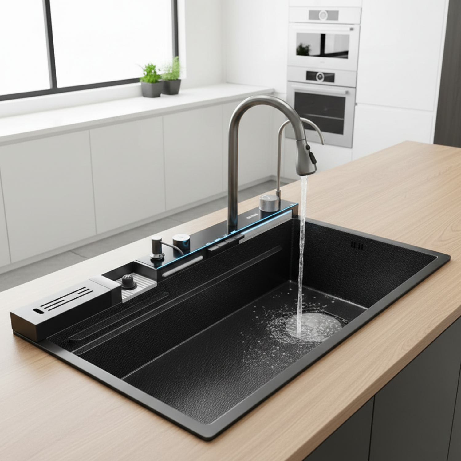 Modern kitchen with black marble countertop and sink