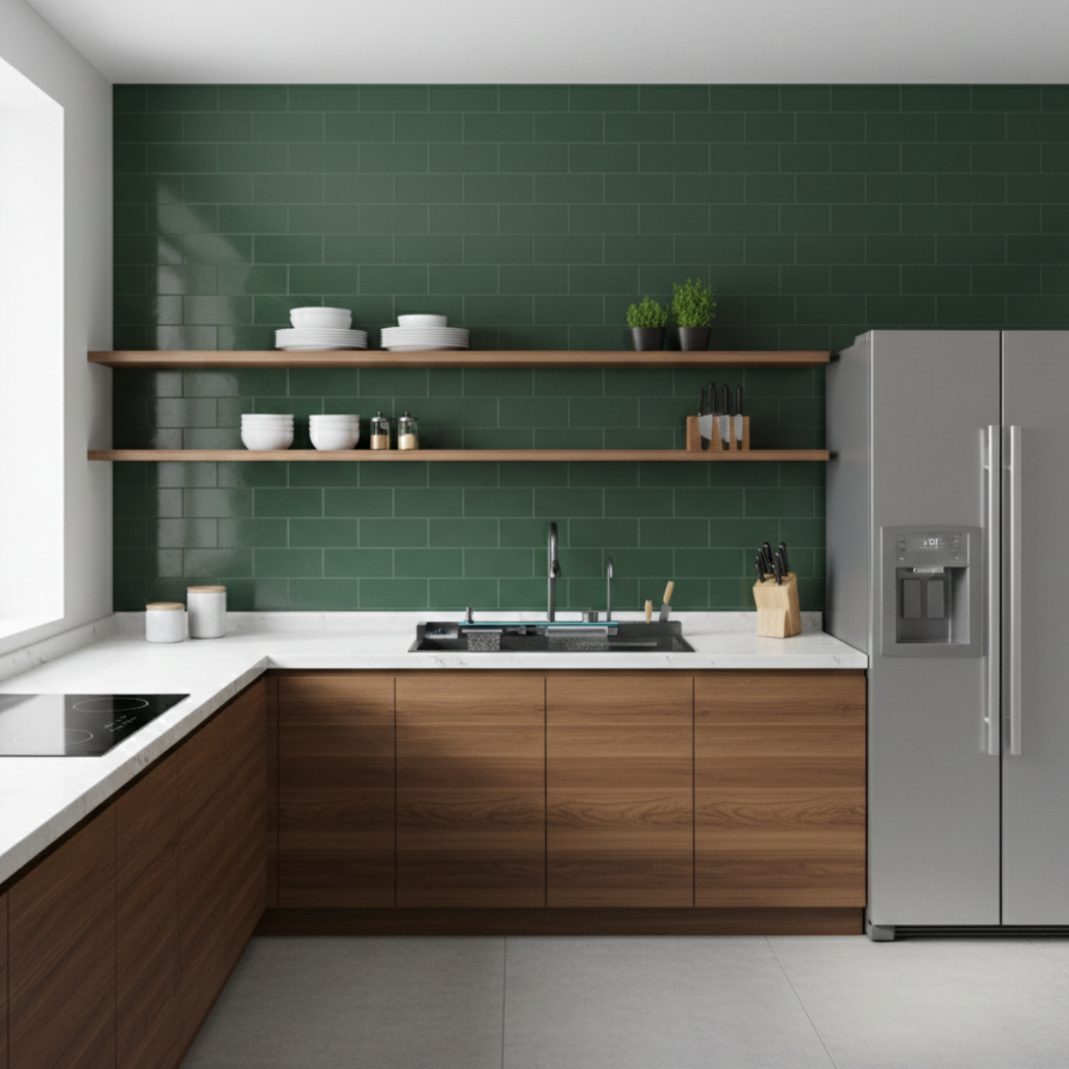 Modern kitchen with green tiled wall, wooden cabinets, and stainless steel appliances.