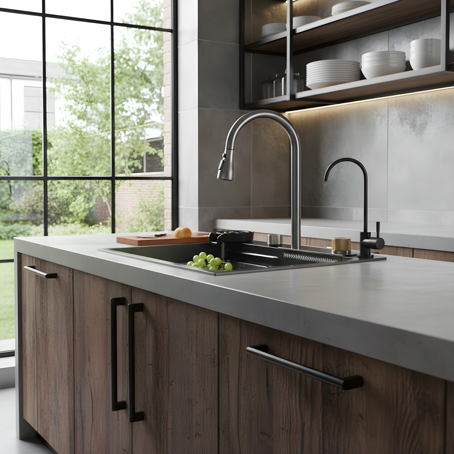 Modern kitchen with wooden cabinets, gray countertops, and a large window.