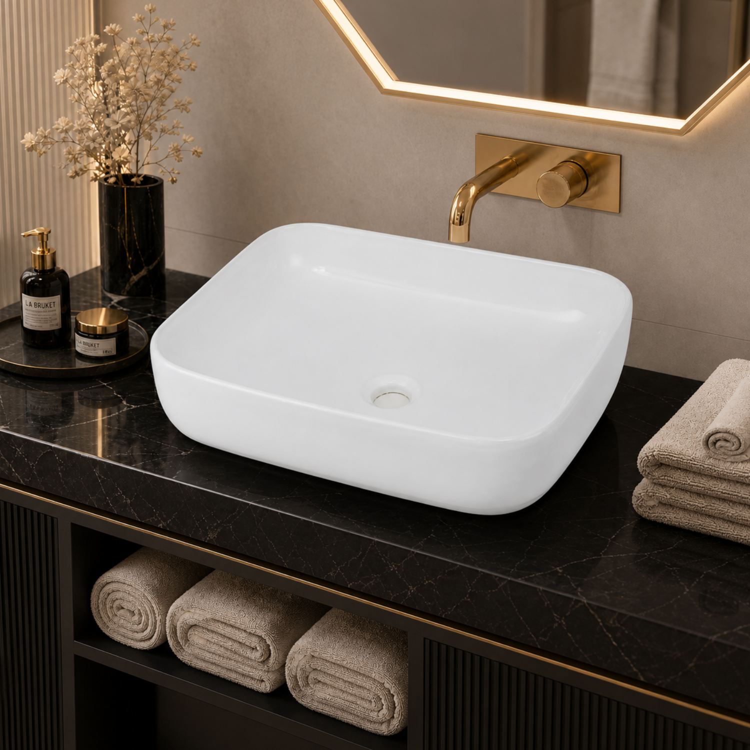 Orkla - Semi-Recessed Rectangular Ceramic Bathroom Vessel Sink