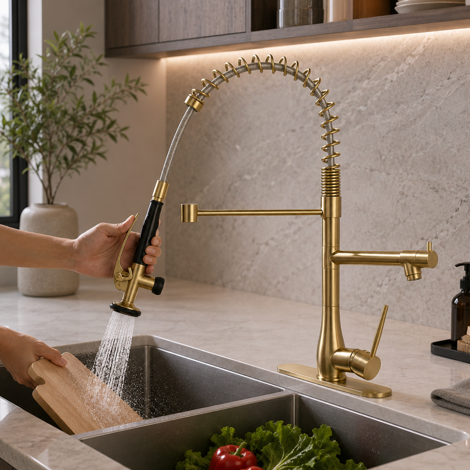 Oulanka - Commercial Single-Handle Kitchen Faucet with Dual-Outlet High-Arc Spring Sink Tap