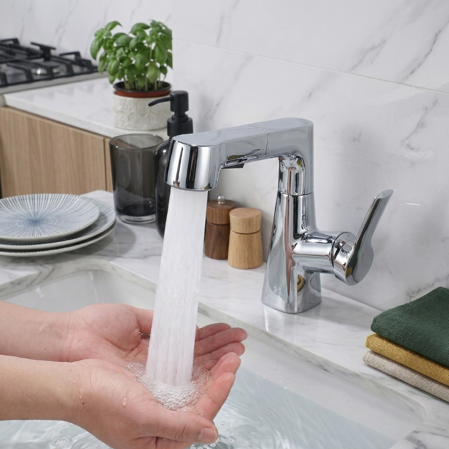 Skagen - Pull Out Lift Faucet 360° Rotatable Stainless Steel Sink Faucet with Pull-Out Sprayer