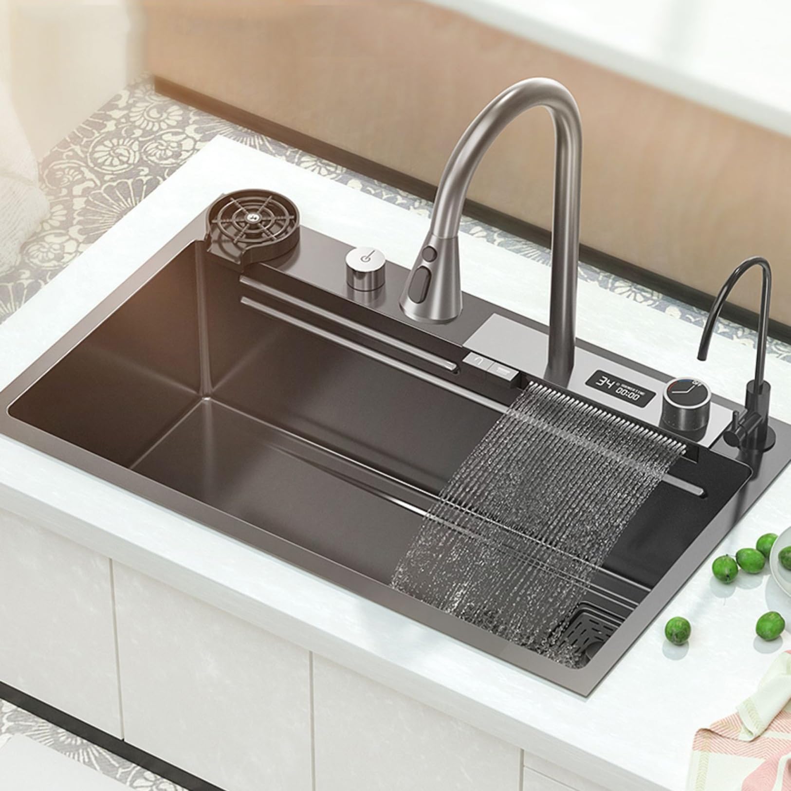 Stainless steel kitchen sink with faucet and filter on a countertop