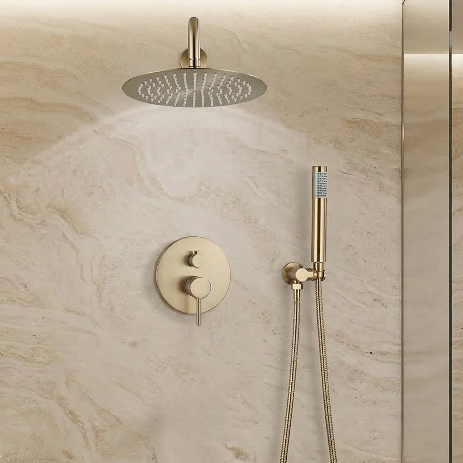 Odense -Brushed Gold Shower Faucet Wall Mounted Big Rainfall Head Hand Sprayer Set
