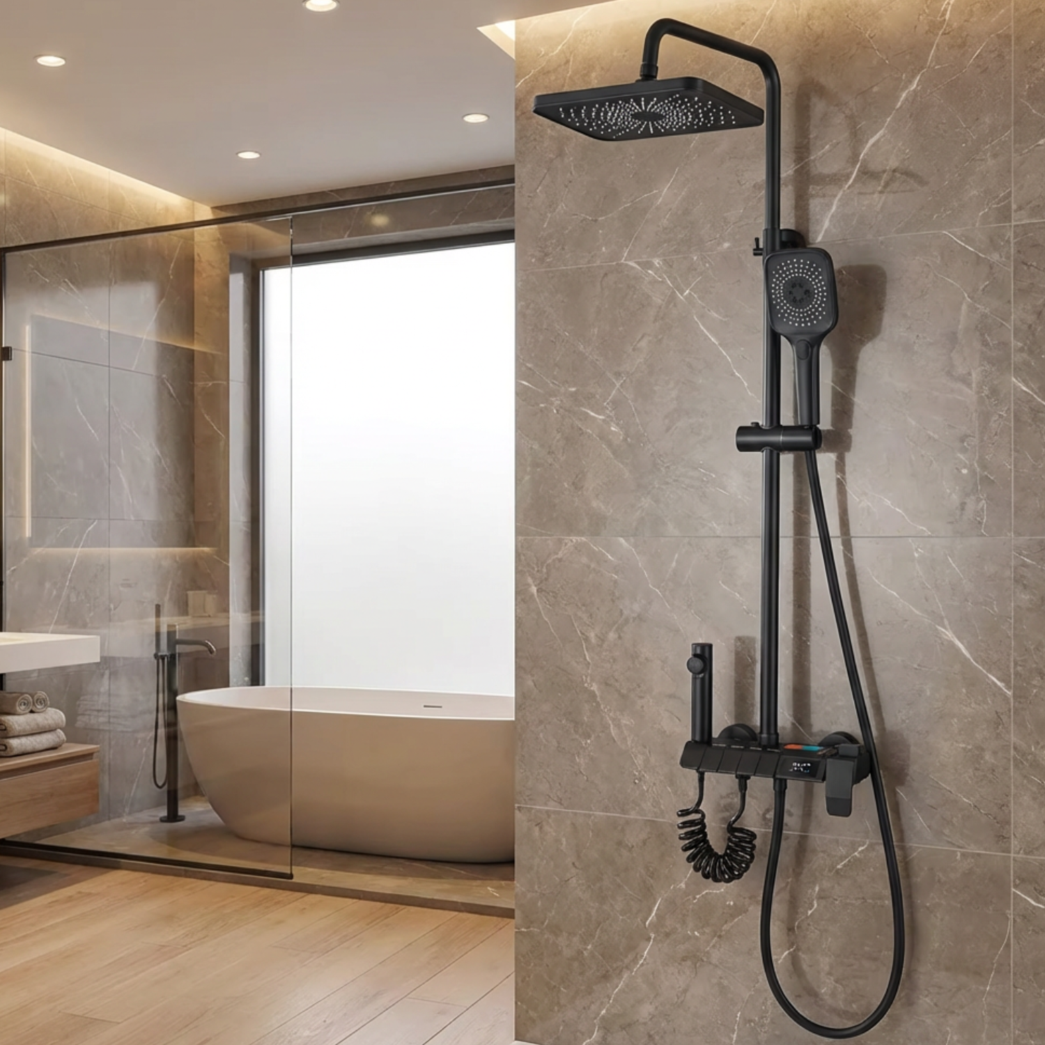 Turku - Digital Thermostatic Shower Faucet Set with LED Temperature Display 4 Function Rainfall Shower System Wall Mounted Hot Cold Mixer