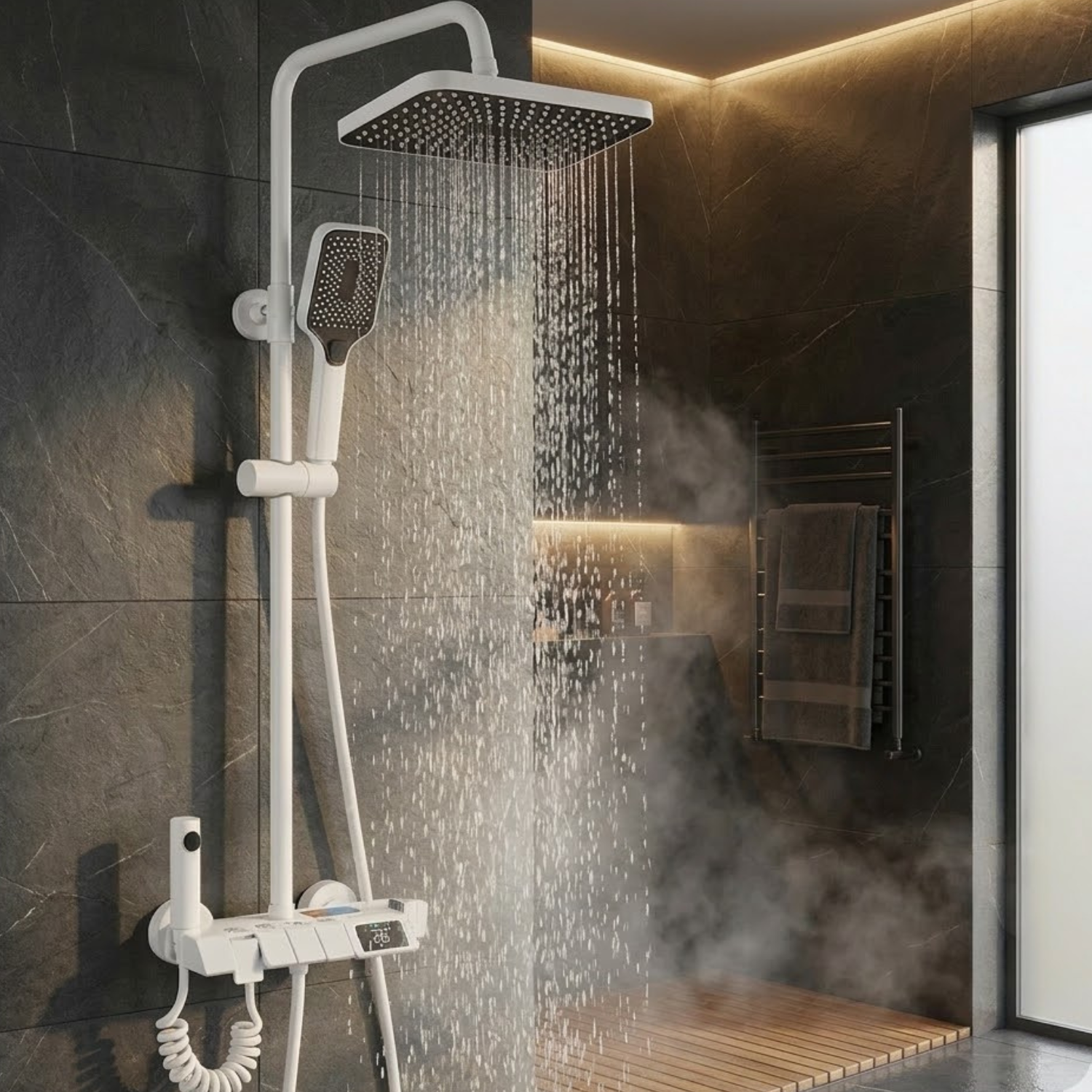 Turku - Digital Thermostatic Shower Faucet Set with LED Temperature Display 4 Function Rainfall Shower System Wall Mounted Hot Cold Mixer