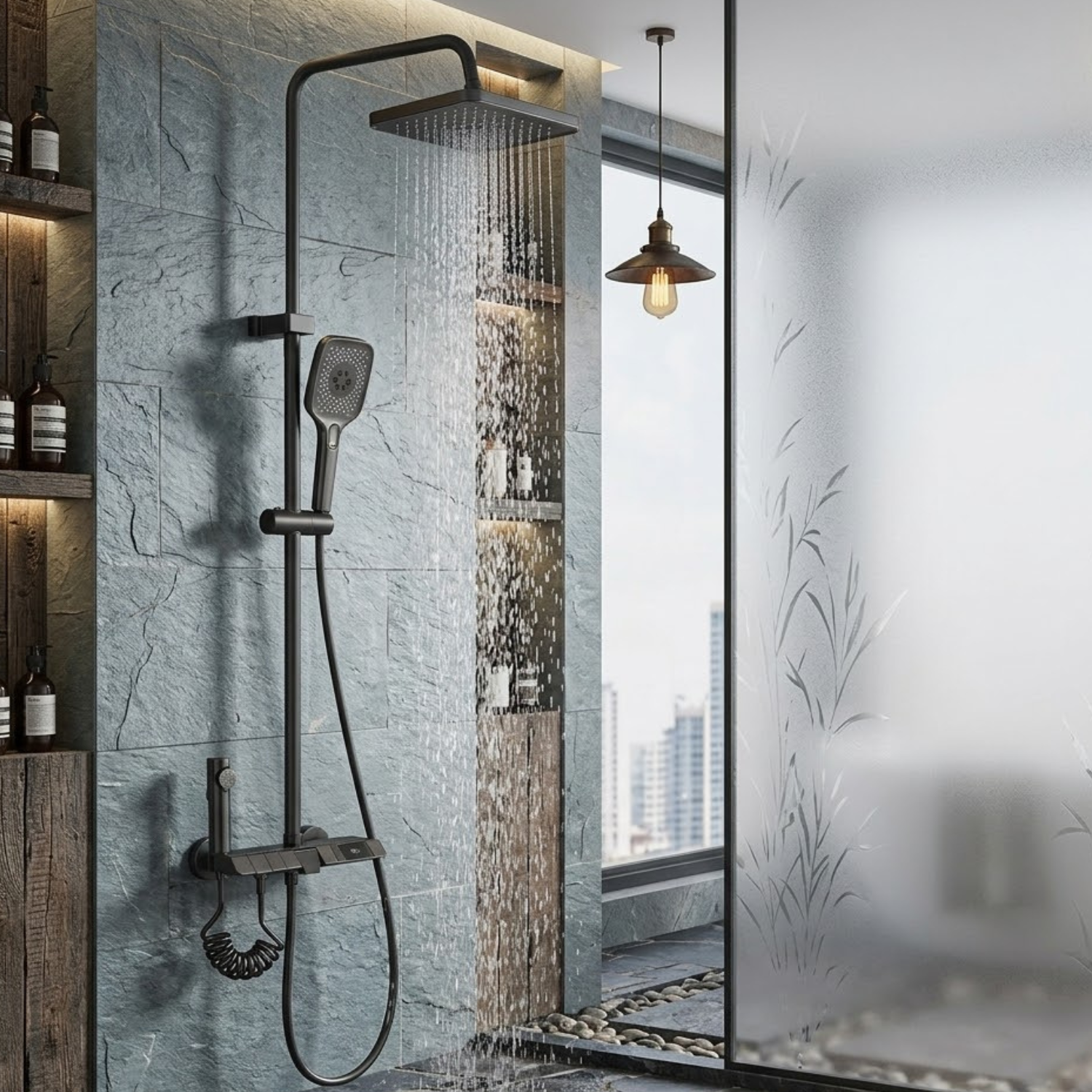 Turku - Digital Thermostatic Shower Faucet Set with LED Temperature Display 4 Function Rainfall Shower System Wall Mounted Hot Cold Mixer