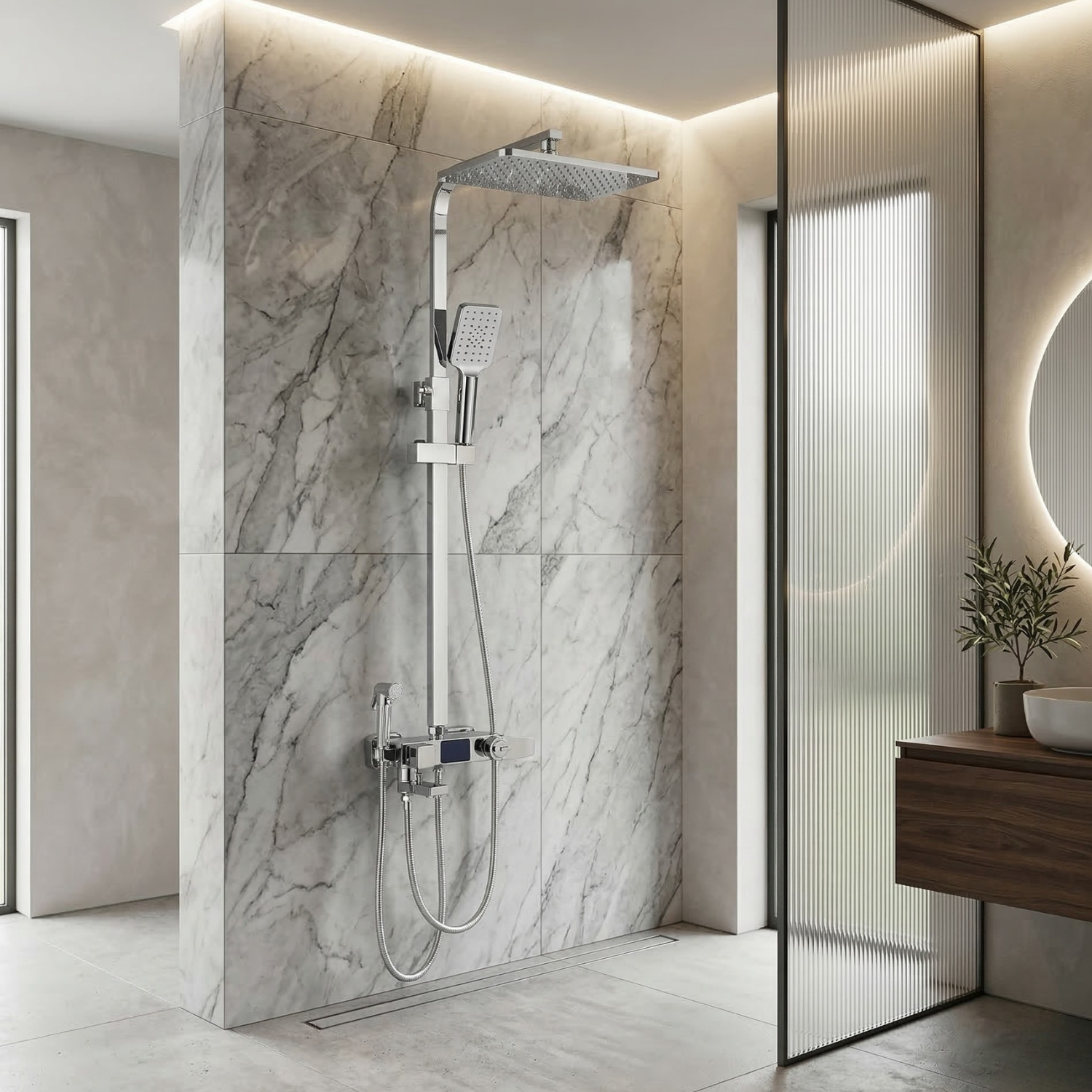 Torne - Digital Display Thermostatic Rainfall Shower System – 4 Way Bathroom Shower Set