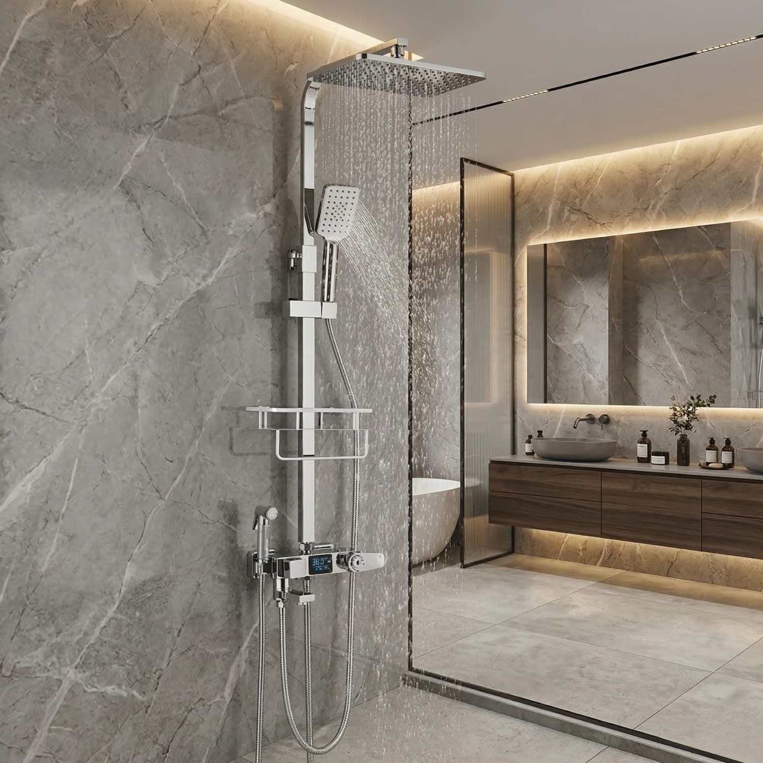 Torne - Digital Display Thermostatic Rainfall Shower System – 4 Way Bathroom Shower Set