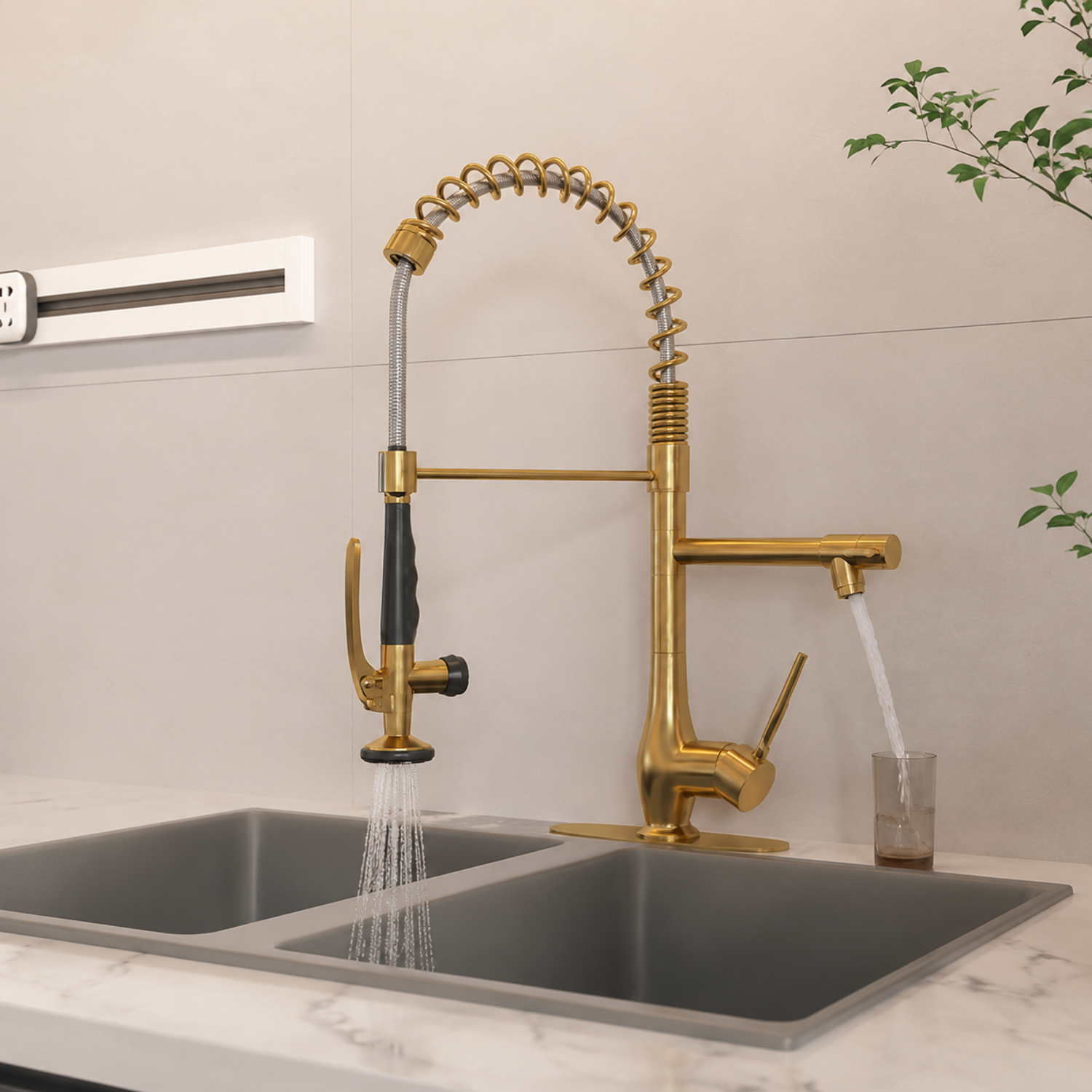 Oulanka - Commercial Single-Handle Kitchen Faucet with Dual-Outlet High-Arc Spring Sink Tap
