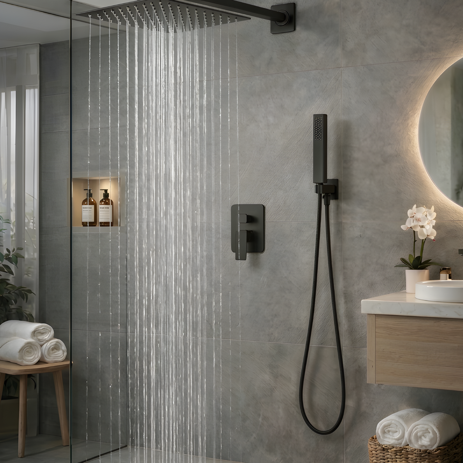 Vattern - Two-Way Matte Black Wall Mount Rainfall Shower Faucet Set with Concealed Waterfall Shower System and Tub Spout