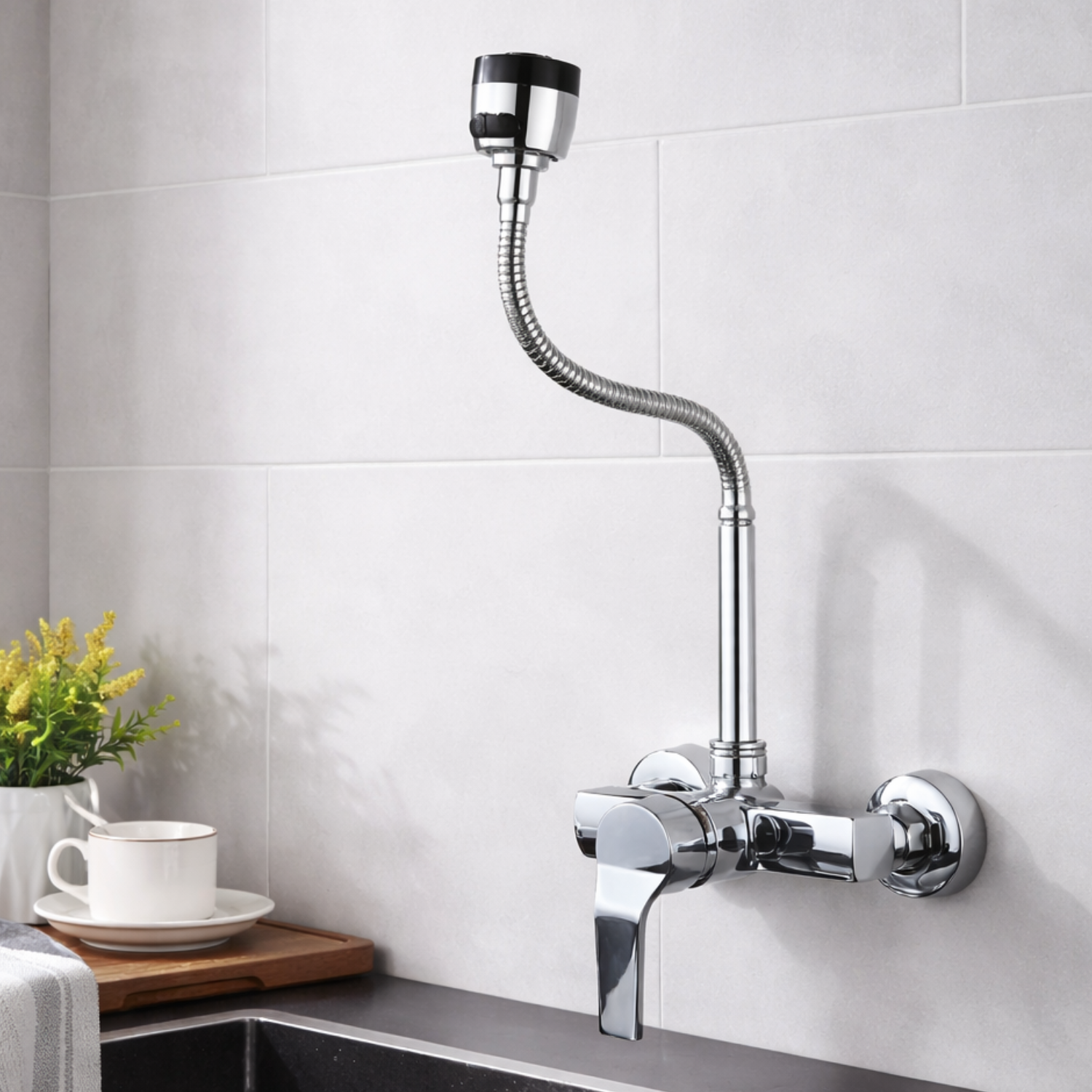 Vanern - Wall Mounted Dual Hole Kitchen Faucet Lead Free Hot Cold Water Mixer Tap Stream Spray Bubbler 360 Rotation Flexible Pipe Control