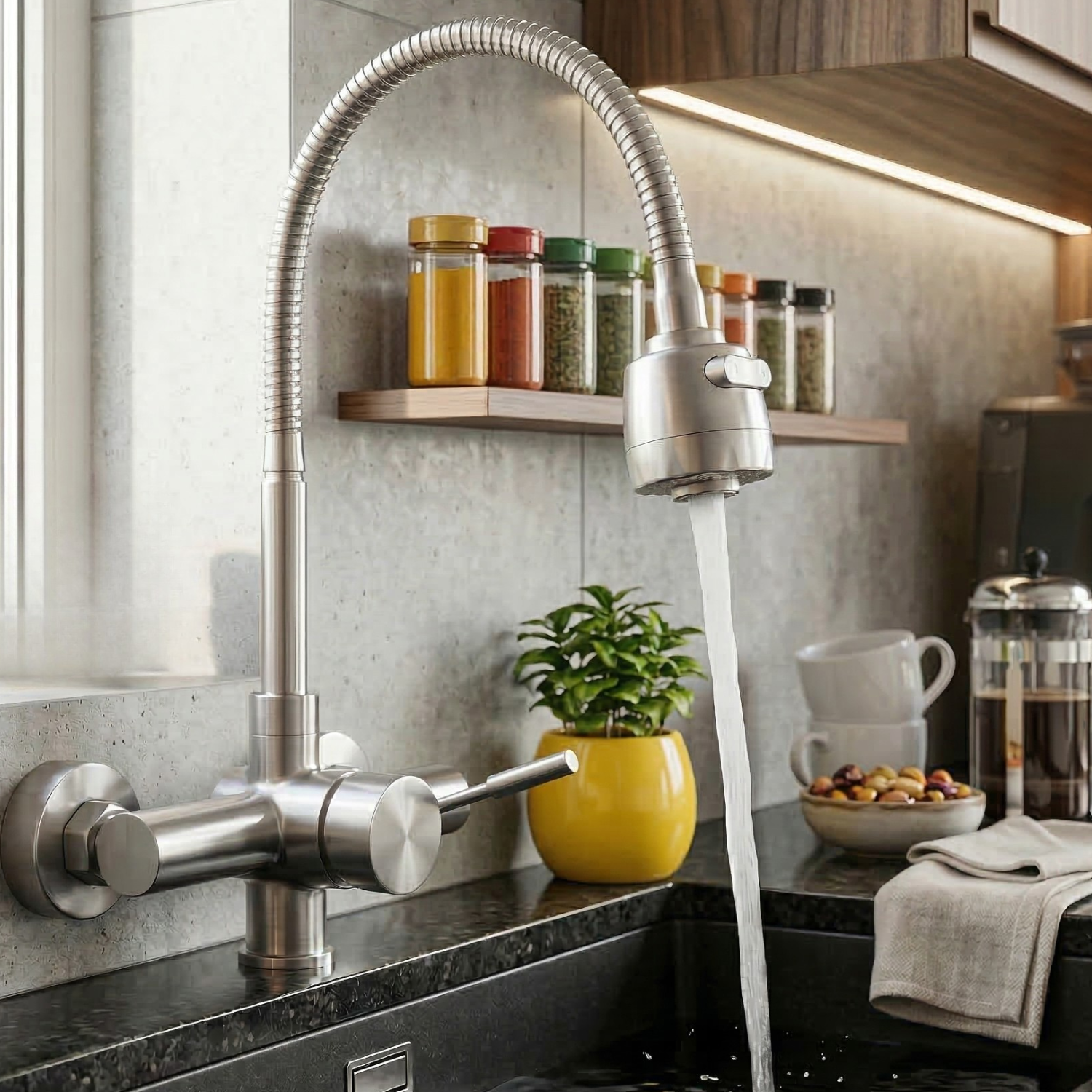 Vanern - Wall Mounted Dual Hole Kitchen Faucet Lead Free Hot Cold Water Mixer Tap Stream Spray Bubbler 360 Rotation Flexible Pipe Control