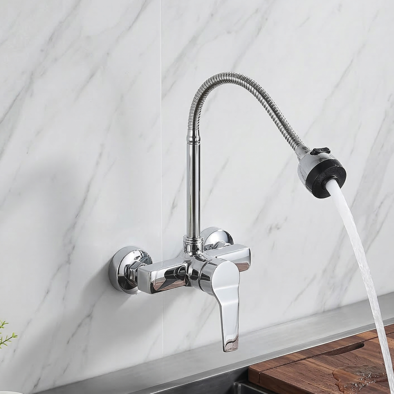 Vanern - Wall Mounted Dual Hole Kitchen Faucet Lead Free Hot Cold Water Mixer Tap Stream Spray Bubbler 360 Rotation Flexible Pipe Control