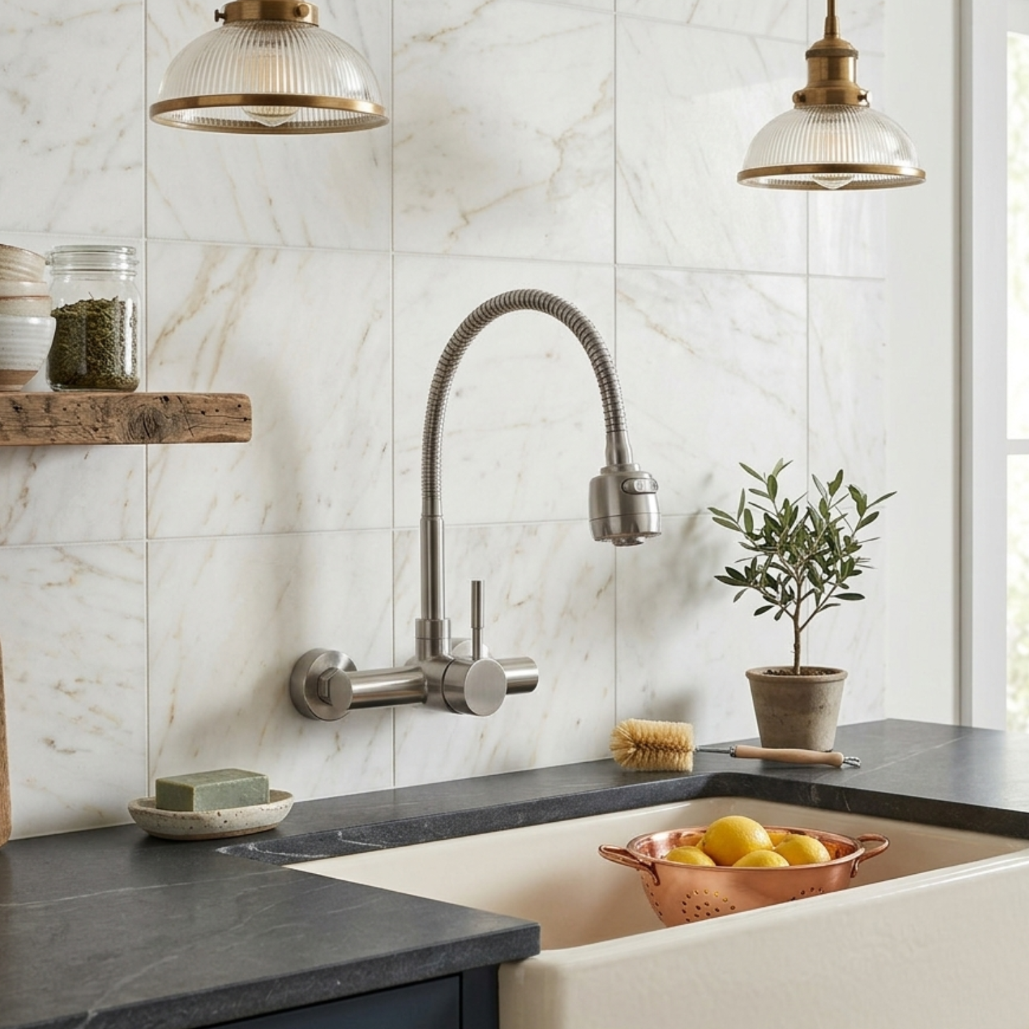 Vanern - Wall Mounted Dual Hole Kitchen Faucet Lead Free Hot Cold Water Mixer Tap Stream Spray Bubbler 360 Rotation Flexible Pipe Control