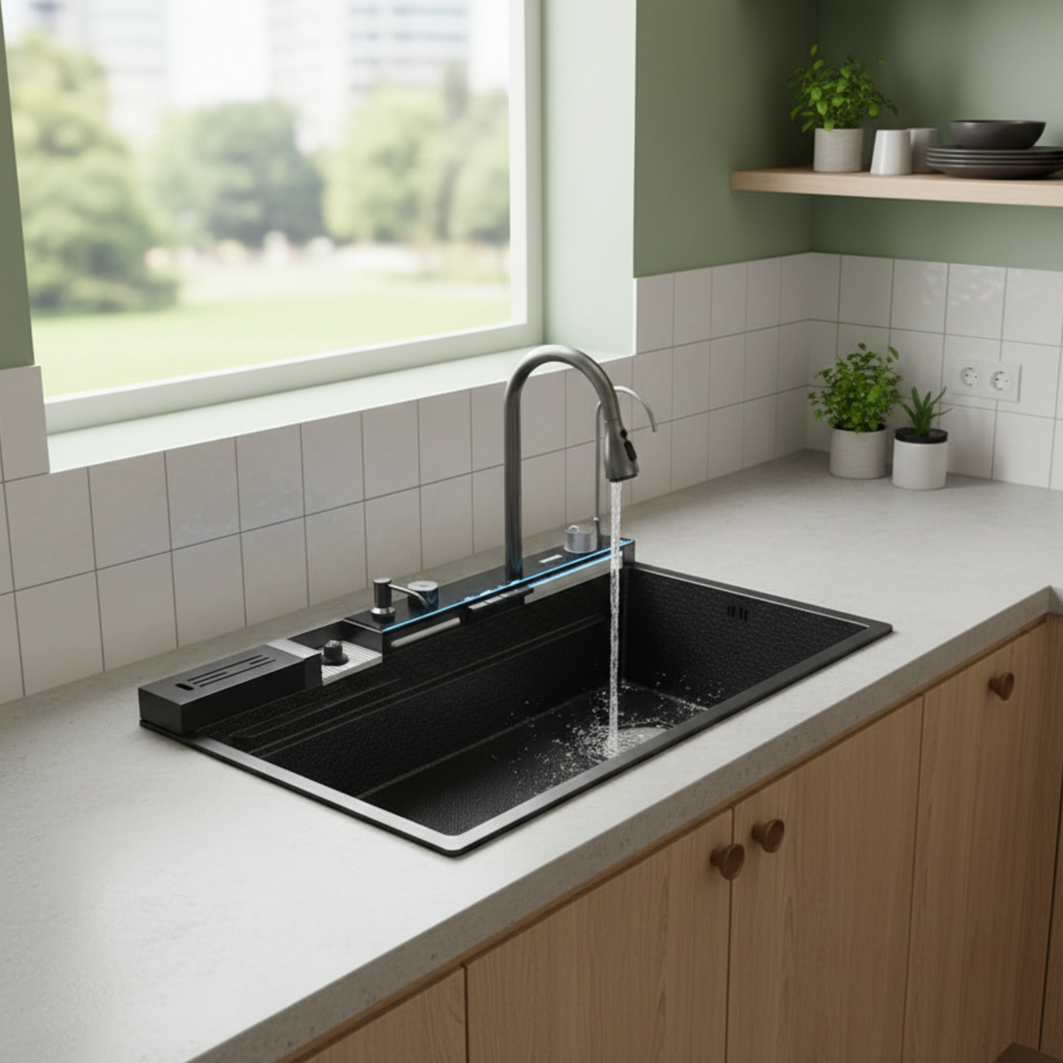 Modern kitchen with a double sink, marble countertop, and wooden cabinets.