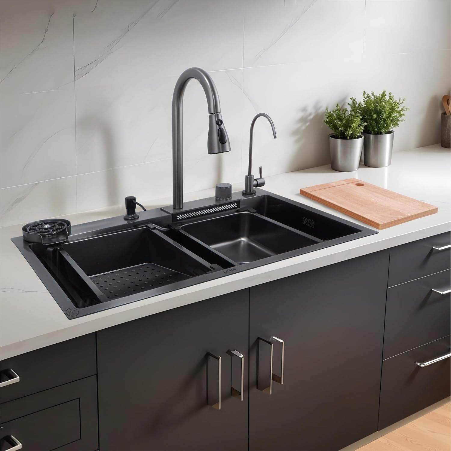 Modern kitchen with black double sink and faucet